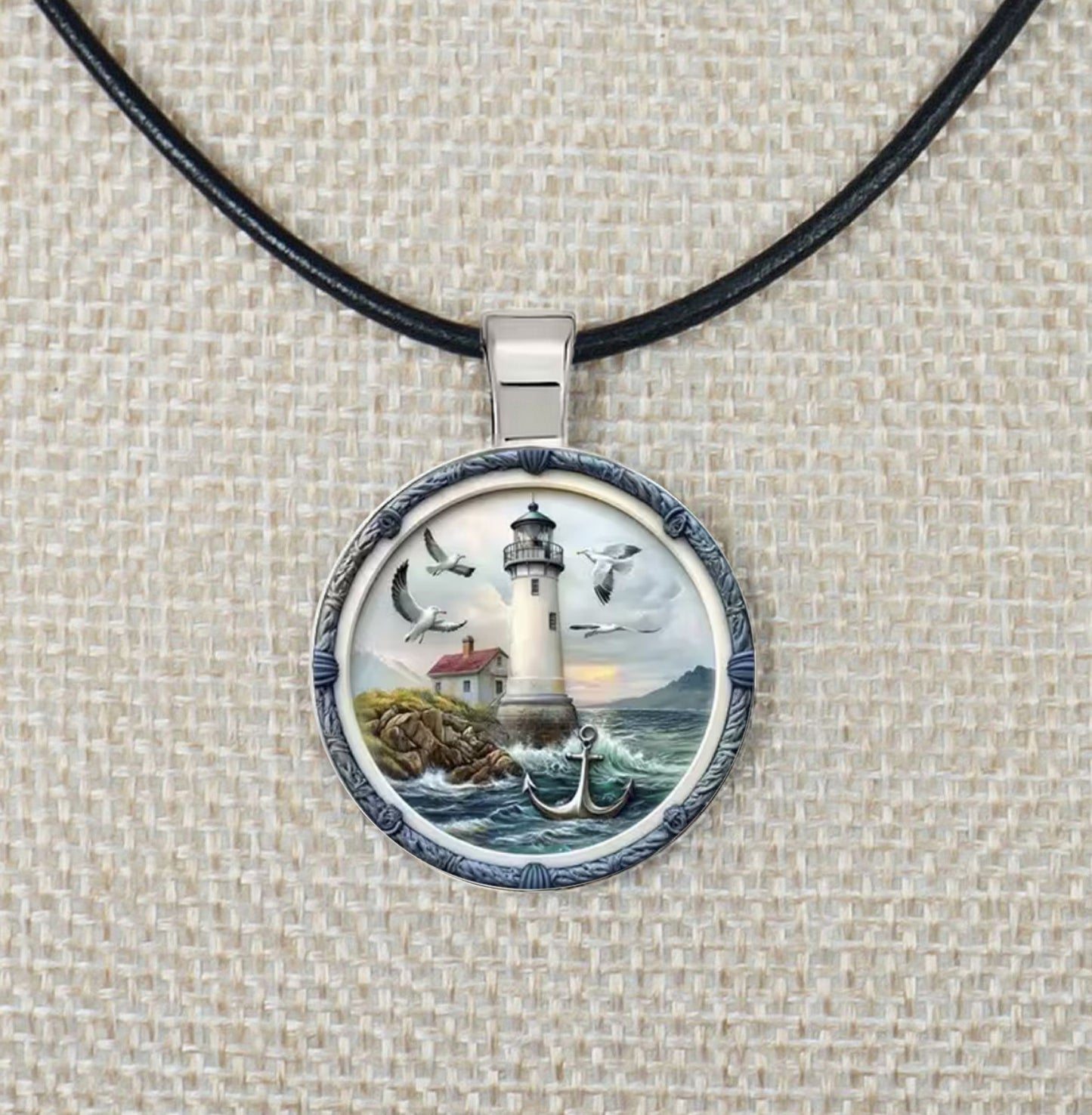 Intricate High Detail 2-D Lighthouse Pendant Black Leather Necklace, Length Choices, Gift for Her or Gift for Him