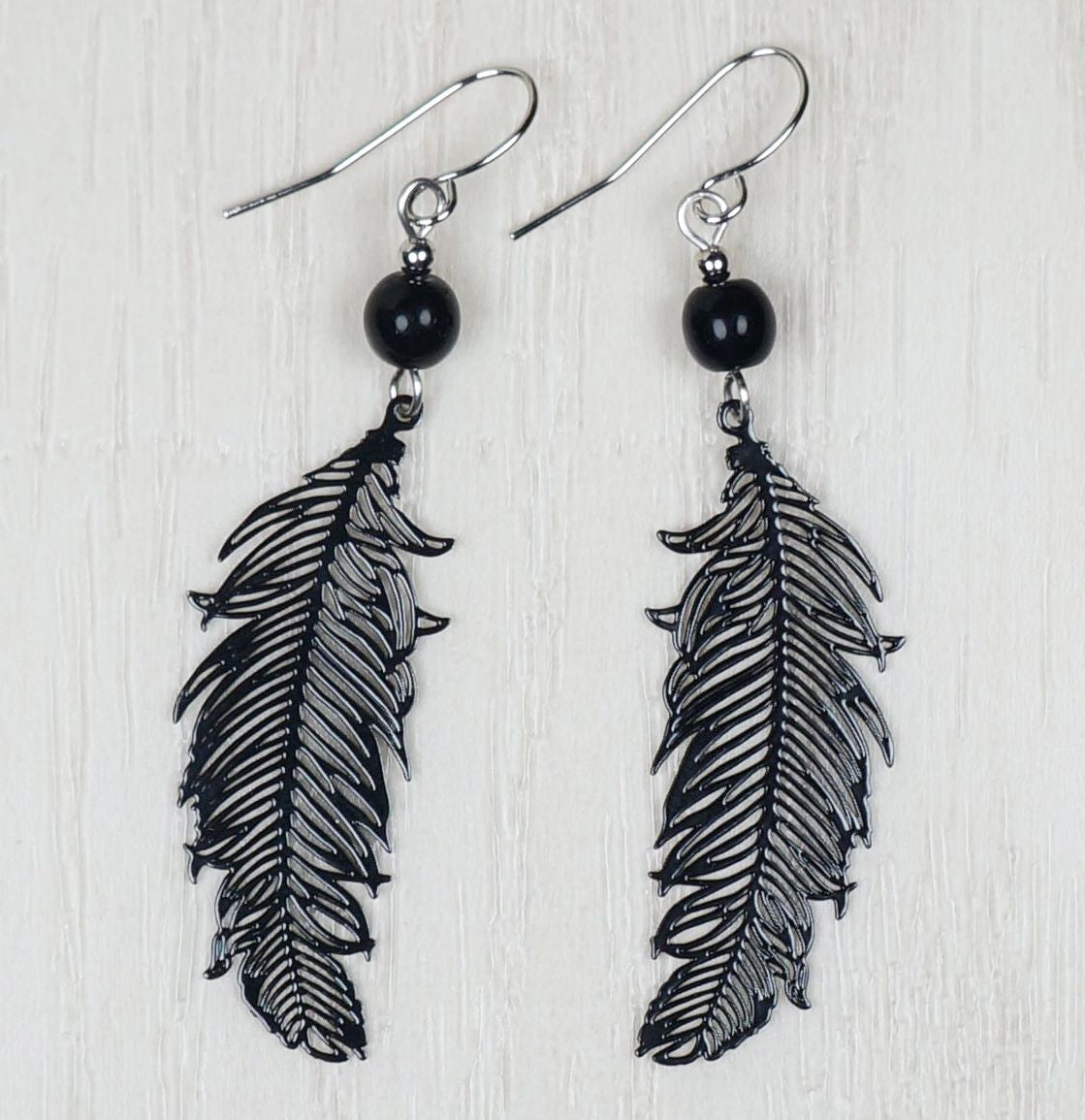 Black Boho Feather Dangle Earrings, Hypoallergenic Platinum Ear Wires, Gift for Her