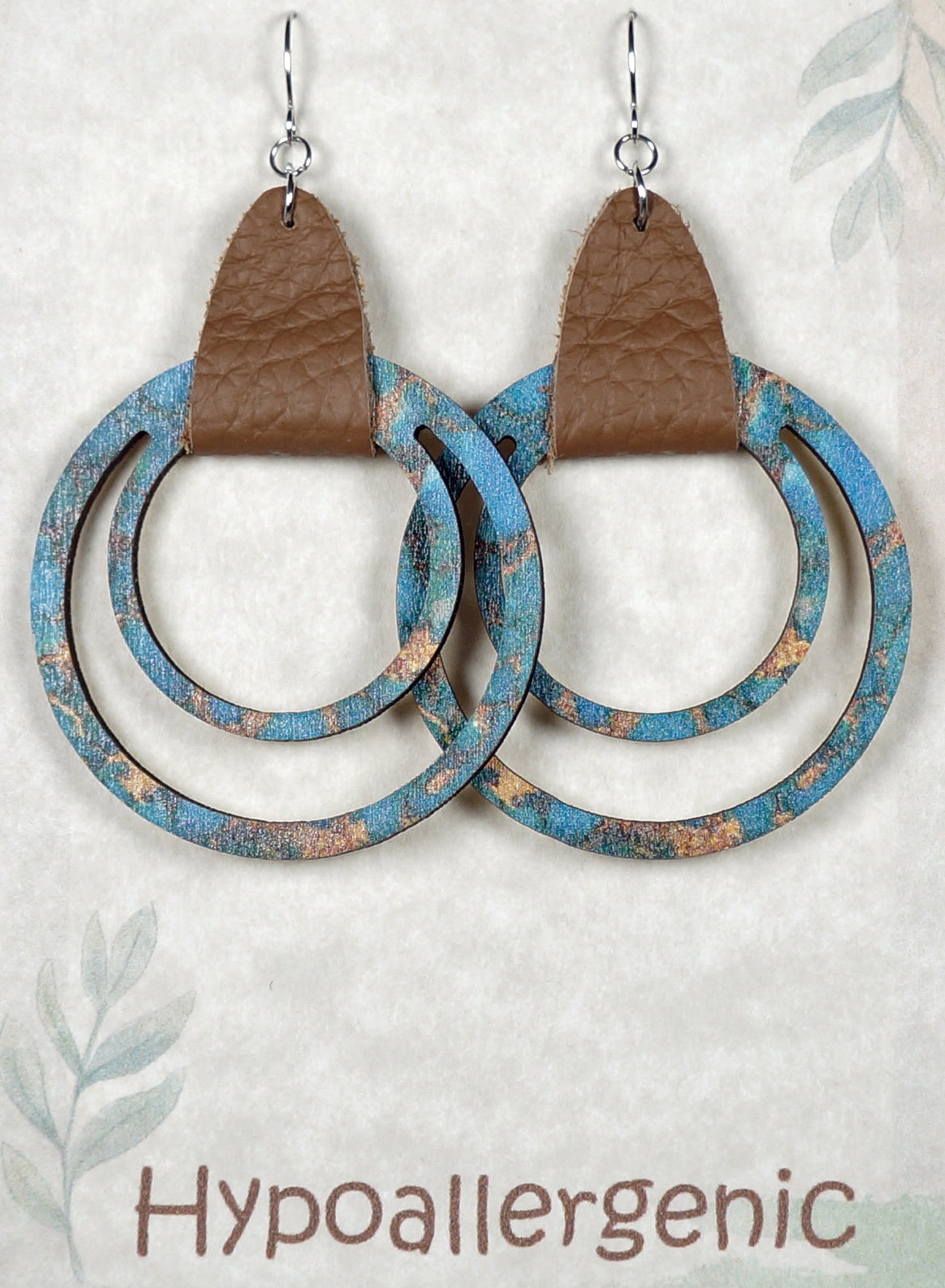 Lightweight Blue and Brown Vegan Leather Double Hoop Boho Statement Earrings, Hypoallergenic Platinum Ear Wires, Gift for Her