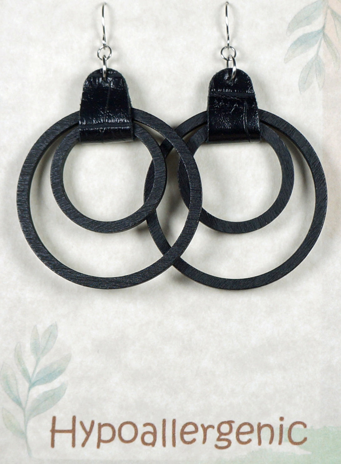 Double Wood Hoop & Vegan Leather Black Boho Statement Earrings, Hypoallergenic Platinum Ear Wires, Gift for Her