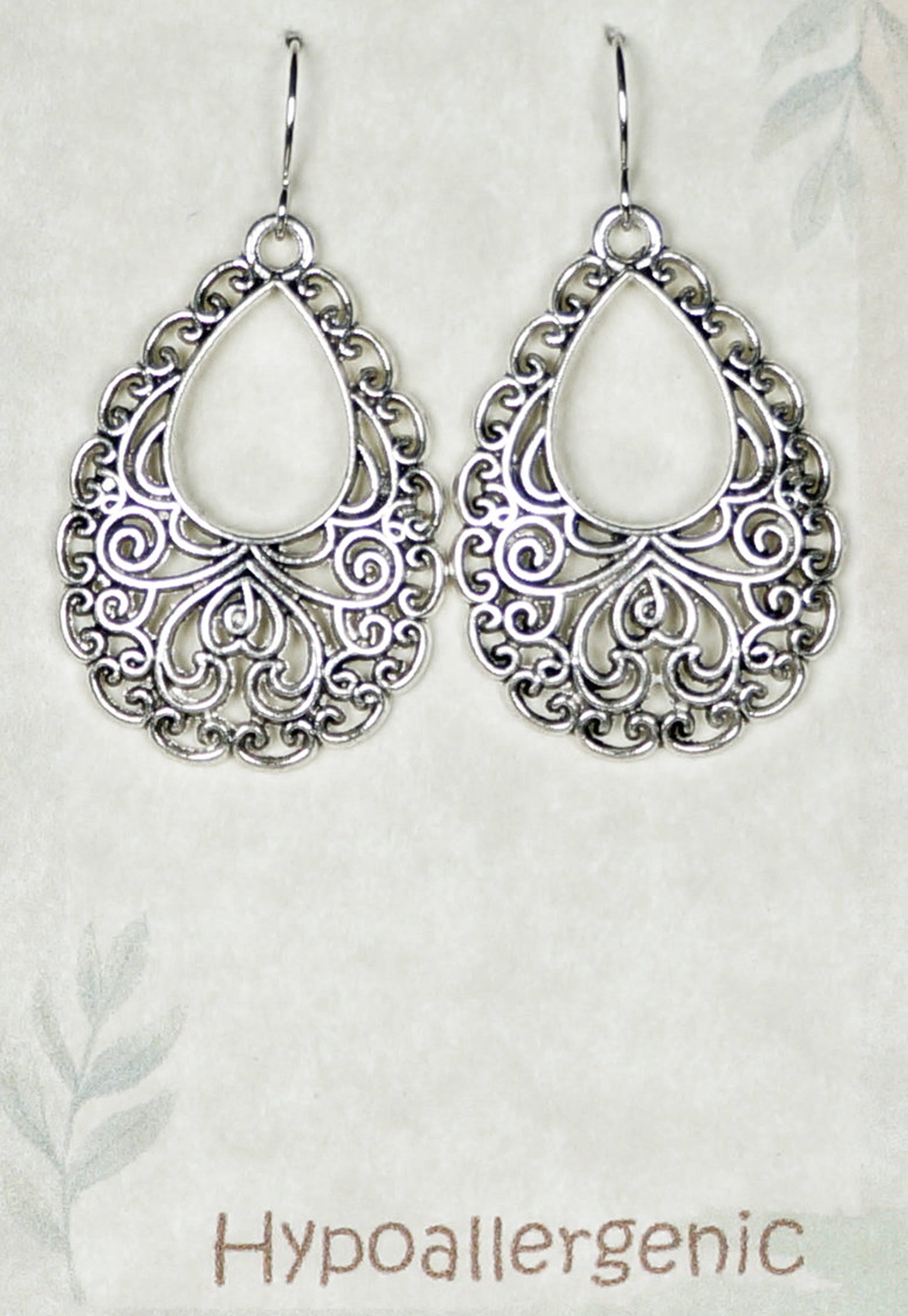 Antique Silver Filigree Teardrop Boho Droplet Dangle Earrings, Platinum Ear Wires, Gift for Her