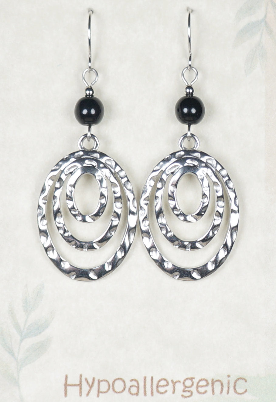 Silver Oval Hammered Drops with Black Beads, Lightweight Boho Statement Earrings, Hypoallergenic Ear Wires, Gift for Her