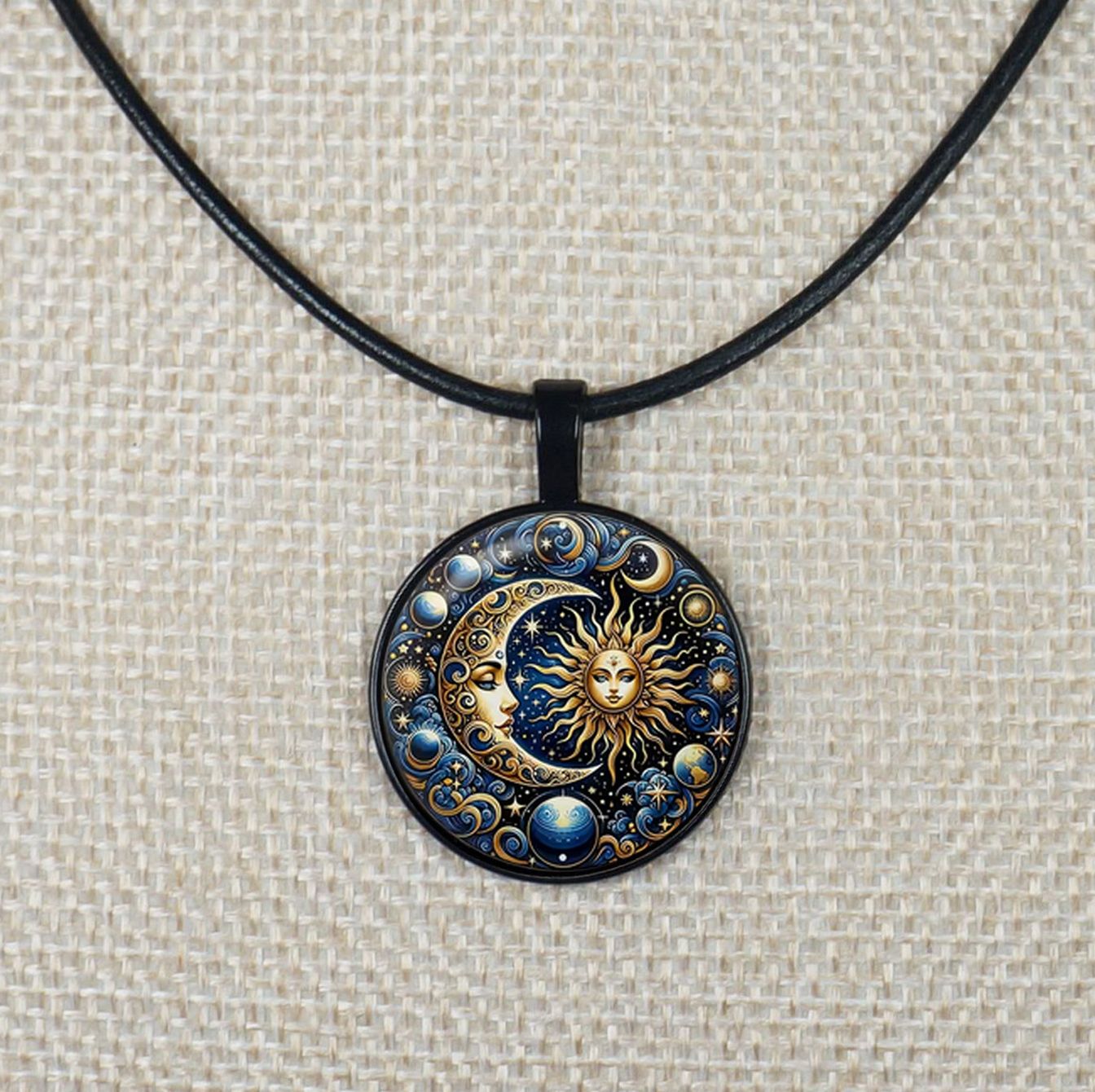 Blue Highly Detailed Sun Goddess & Moon Pendant Leather Cord Statement Necklace, Color and Length Choices