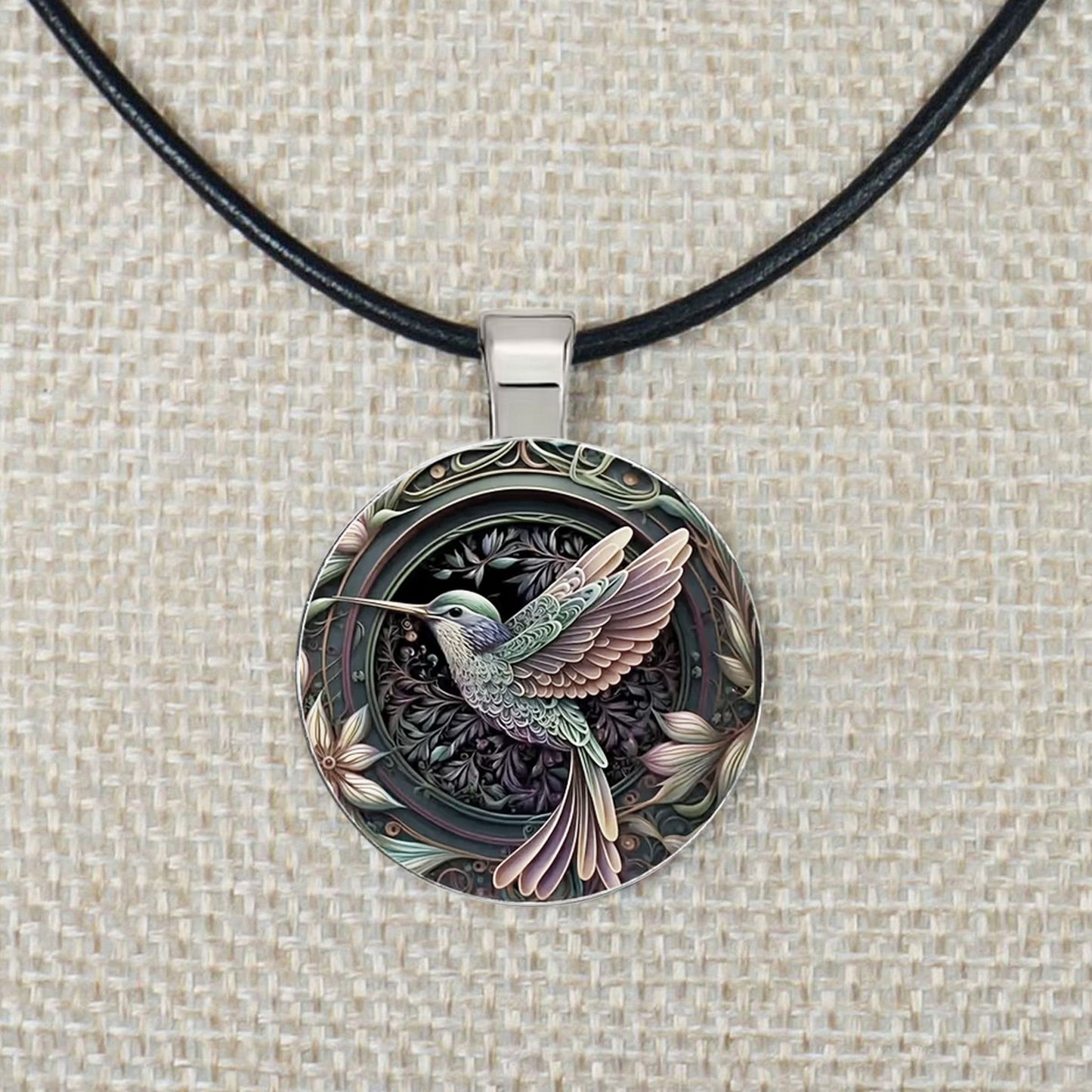 Intricate Highly Detailed 2-D Hummingbird Pendant Black Leather Cord Necklace, Length Choices, Gift for Her