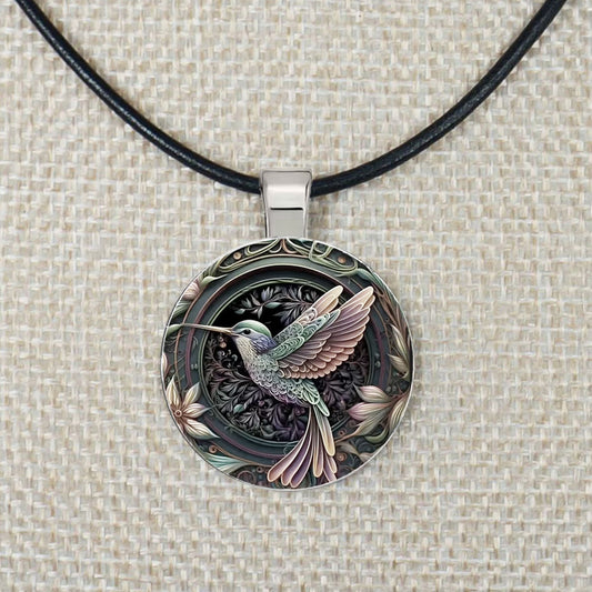 Intricate Highly Detailed 2-D Hummingbird Pendant Black Leather Cord Necklace, Length Choices, Gift for Her