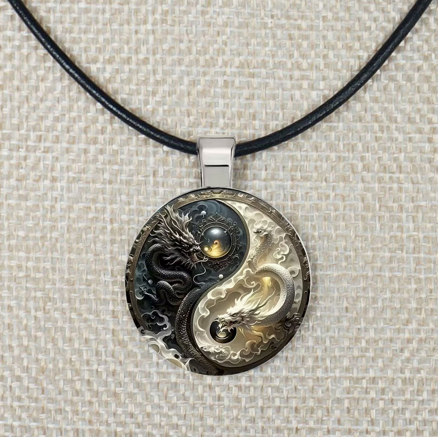 Intricate Yin Yang Highly Detailed 2-D Dragon Pendant Black Leather Cord Necklace, Length Choices, Gift for Her or Gift for Him