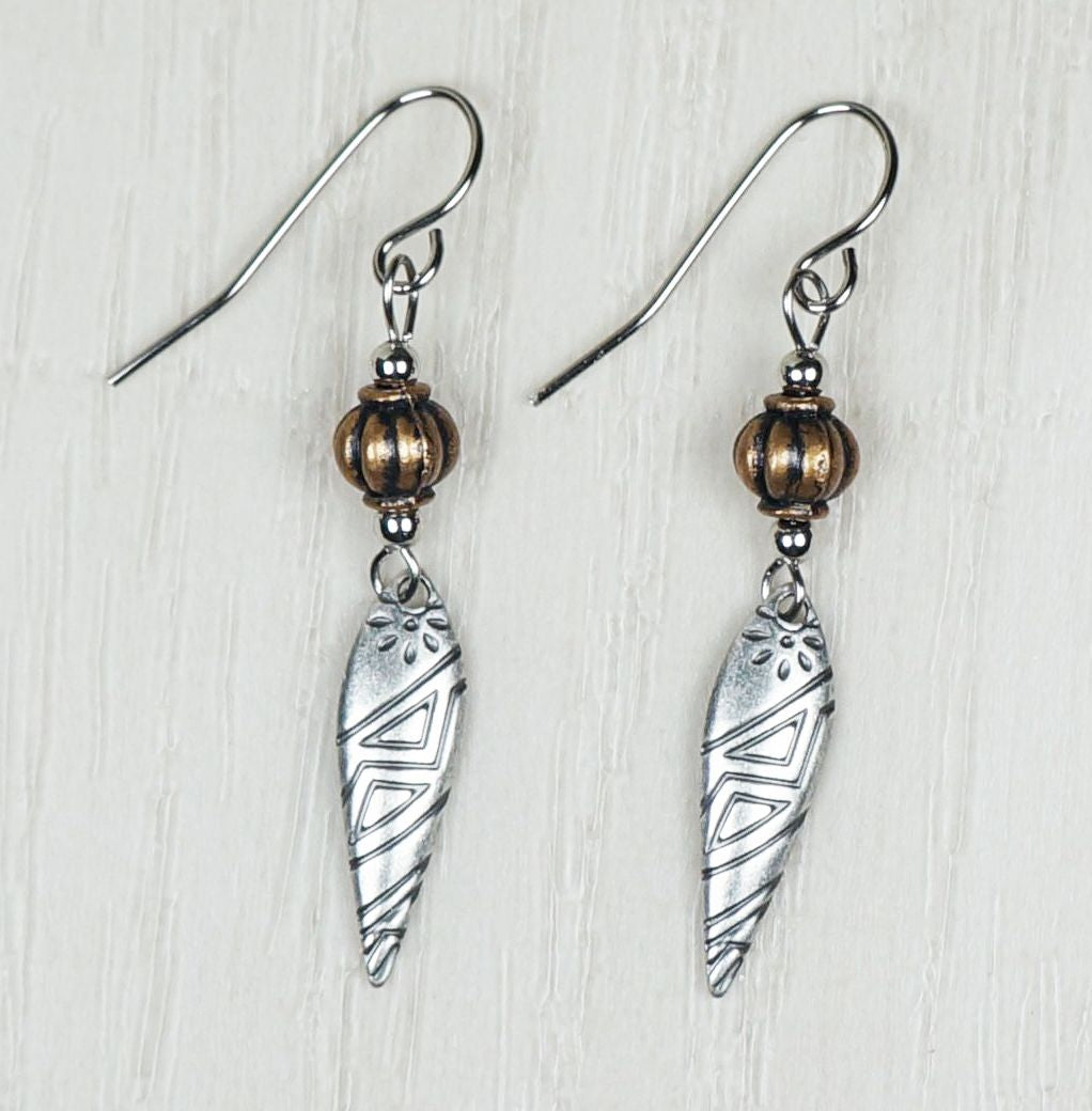 Silver and Copper Aztec Inspired Dainty Earrings, Hypoallergenic Platinum Ear Wires, Gift for Her