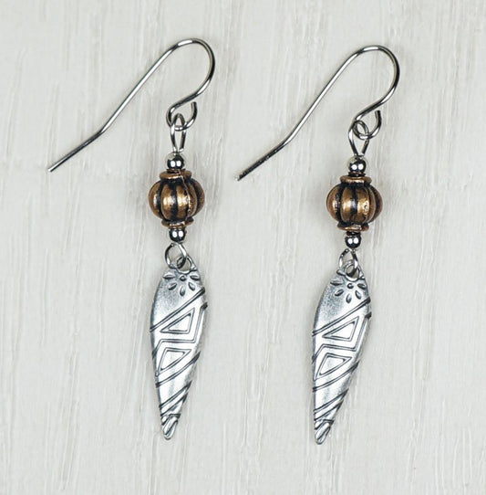 Silver and Copper Aztec Inspired Dainty Earrings, Hypoallergenic Platinum Ear Wires, Gift for Her
