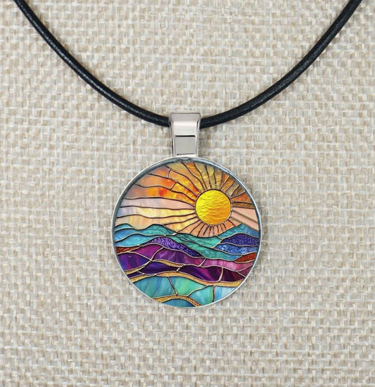 Intricate Rising & Setting Sun Highly Detailed 2-D Rainbow Pendant Leather Cord Necklace, Color and Length Choices, Gift for Her or Gift for Him