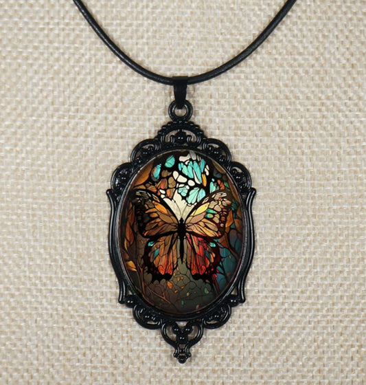 Intricate Highly Detailed Oval 2-D Butterfly Pendant Leather Cord Boho Necklace, Black or Tan Leather, Length Choicesngth Choices, Gift for Her (Copy)