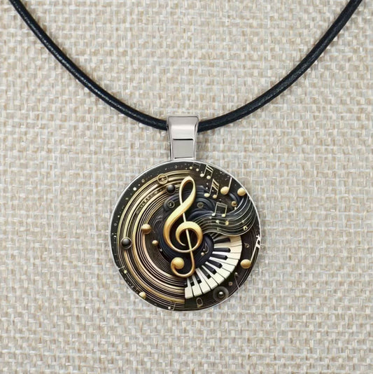 Intricate Highly Detailed 2-D Musical Treble Clef Pendant Black Leather Cord Necklace, Length Choices, Gift for Her or Gift for Him