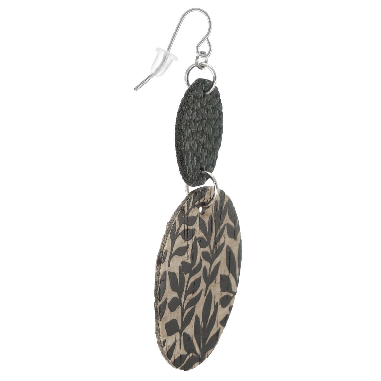 Beautiful Black Faux Leather and Tan Leaf Pattern Cork Drops Boho Statement  Earrings, Platinum Ear Wires, Gift for Her