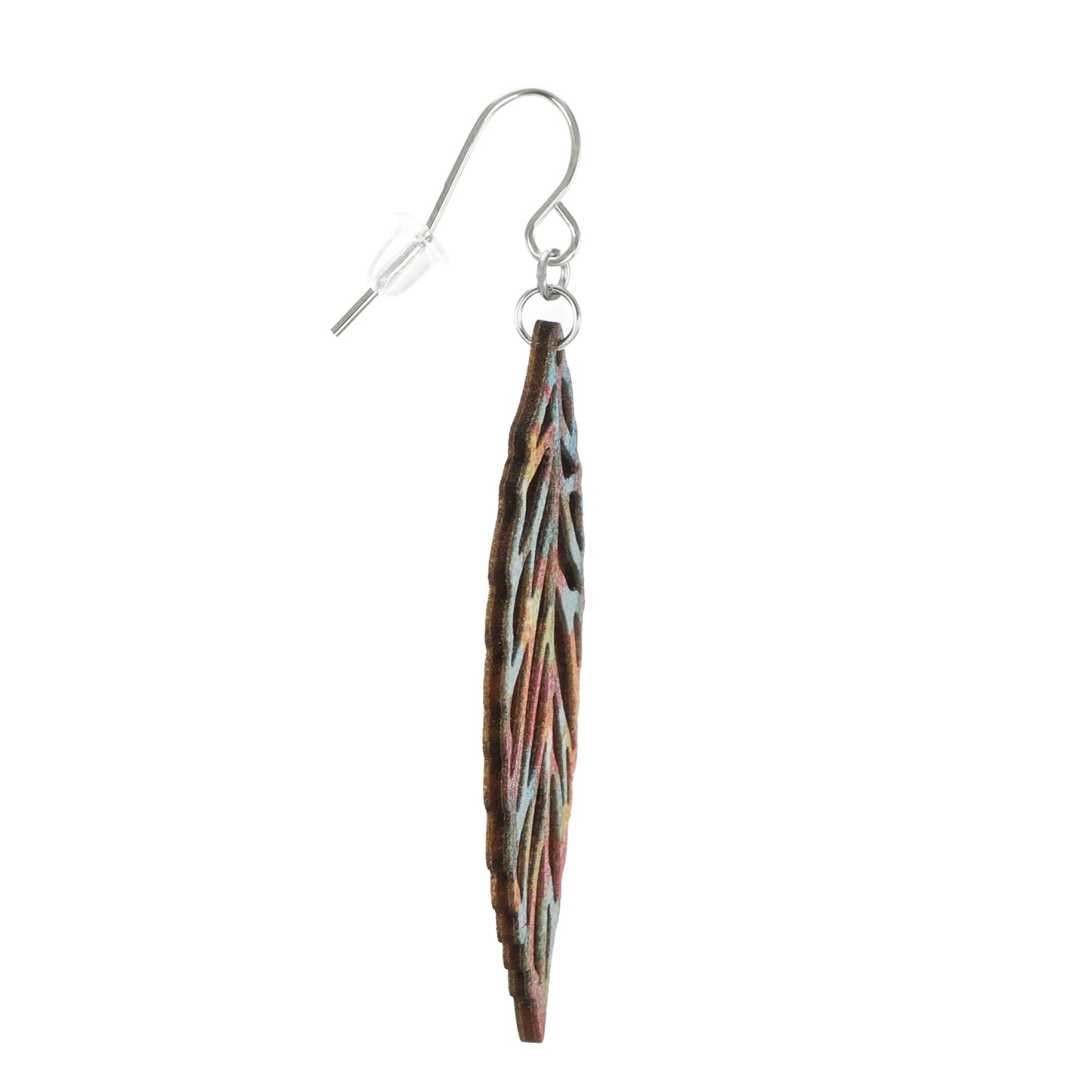 Beautiful Boho Multi Rainbow Color Wood Leaf Lightweight Statement Dangle Earrings, Hypoallergenic Platinum Ear Wires