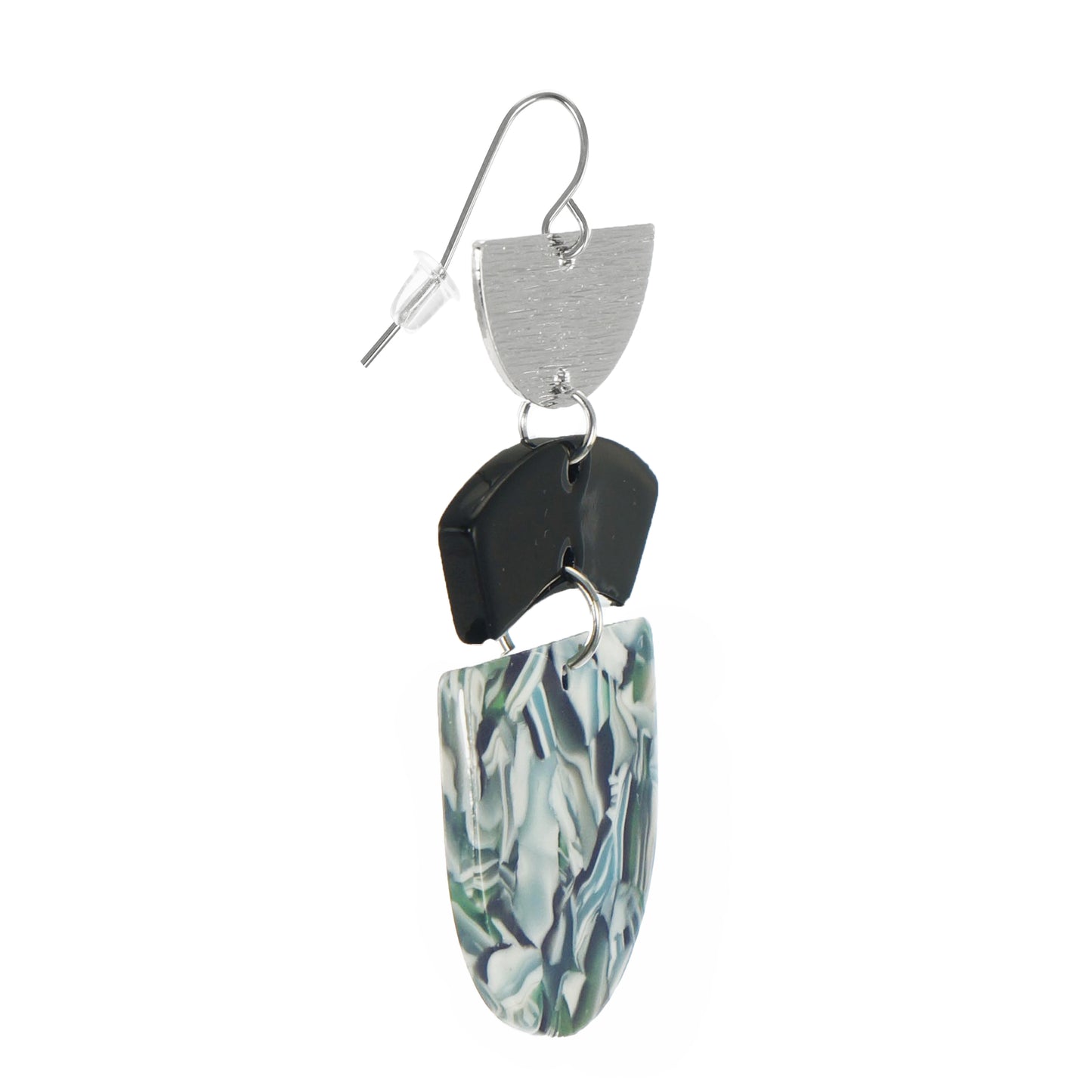 Green & Black Acrylic with Silver Boho Statement Earrings, Platinum Ear Wires