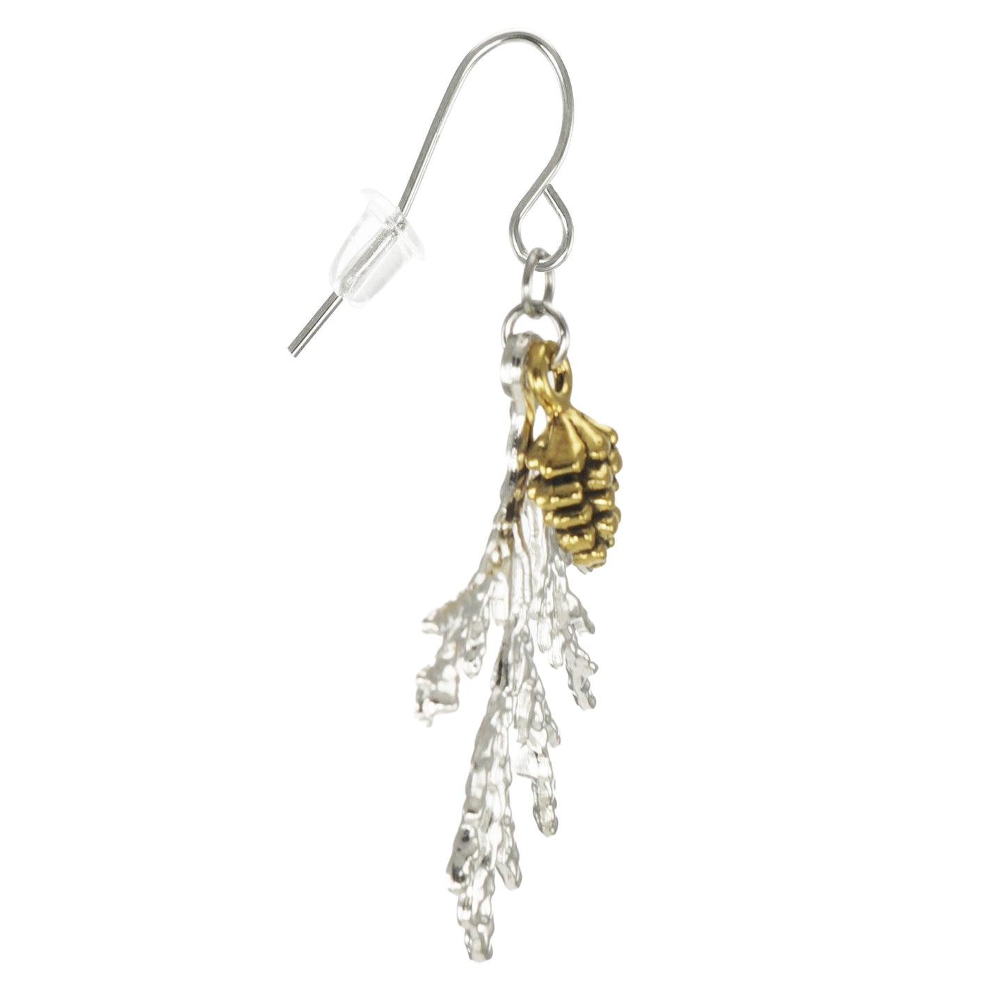 Gold Pinecone and Silver Branch Earrings, Hypoallergenic Platinum Ear Wires, Gift for Her