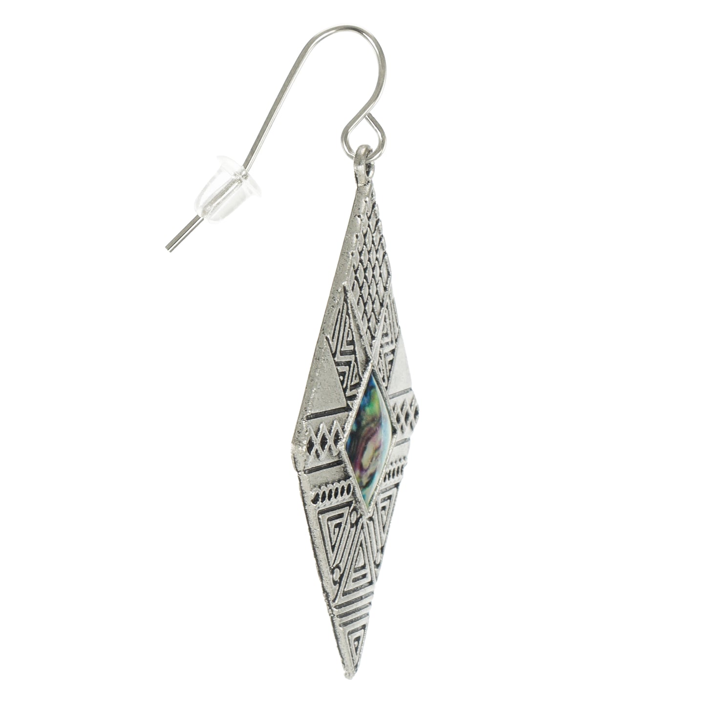 Aztec Inspired Silver Diamond Shape Blue Inlay Statement Earrings, Platinum Ear Wires
