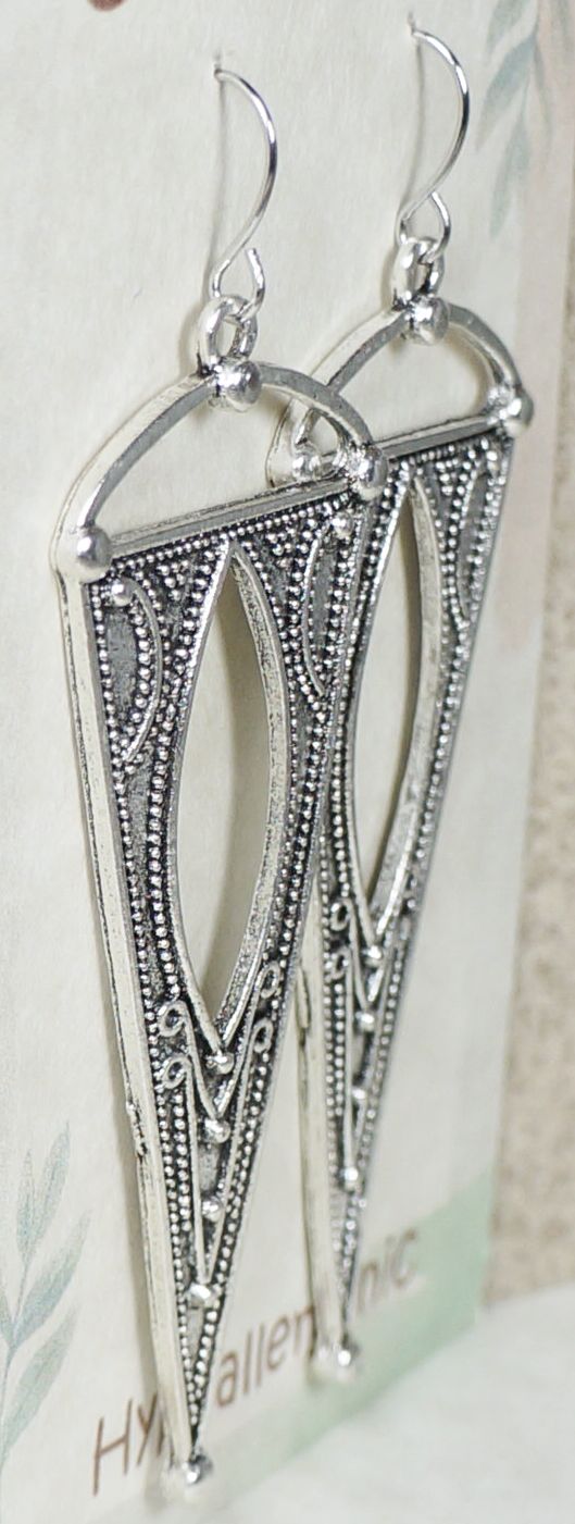 Silver Triangle Western Inspired Long Boho Statement Earrings, Hypoallergenic Platinum Ear Wires