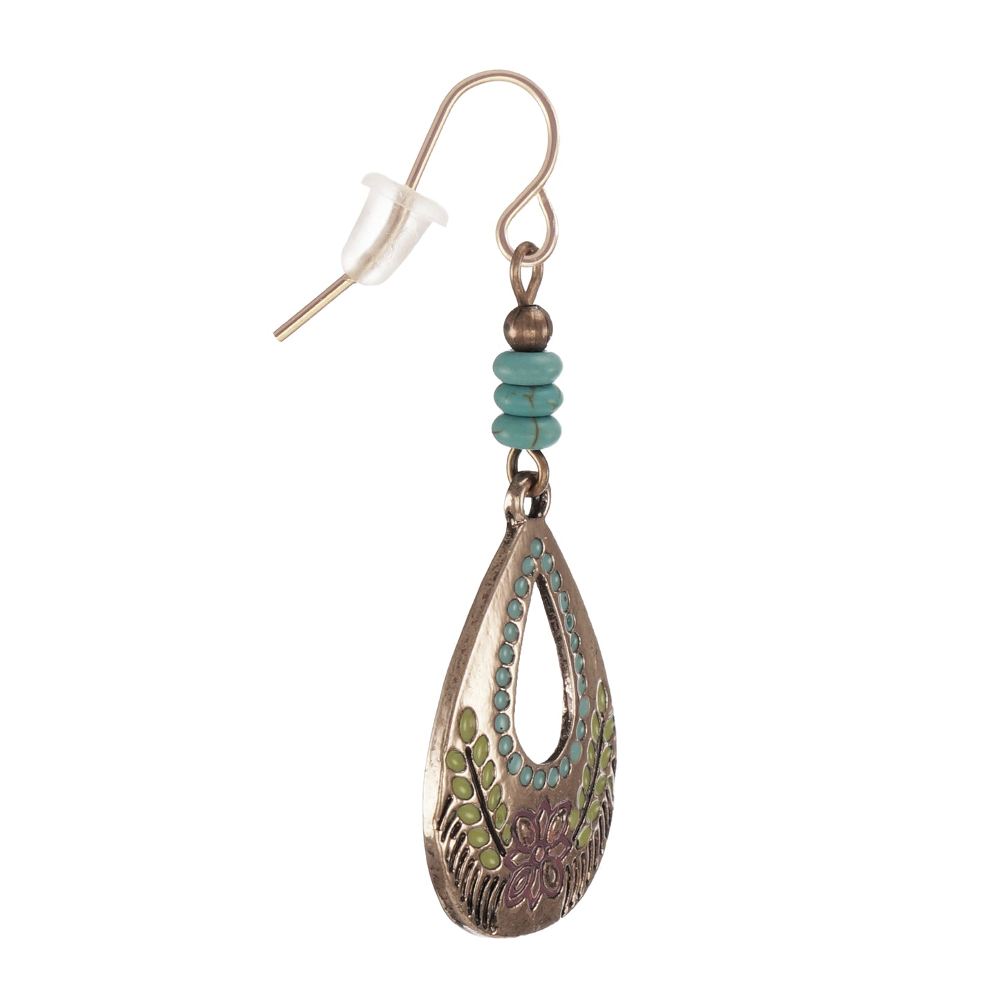 Boho Copper Flower Teardrop with Turquoise Gemstone Dangle Earrings, Hypoallergenic Rose Gold Ear Wires