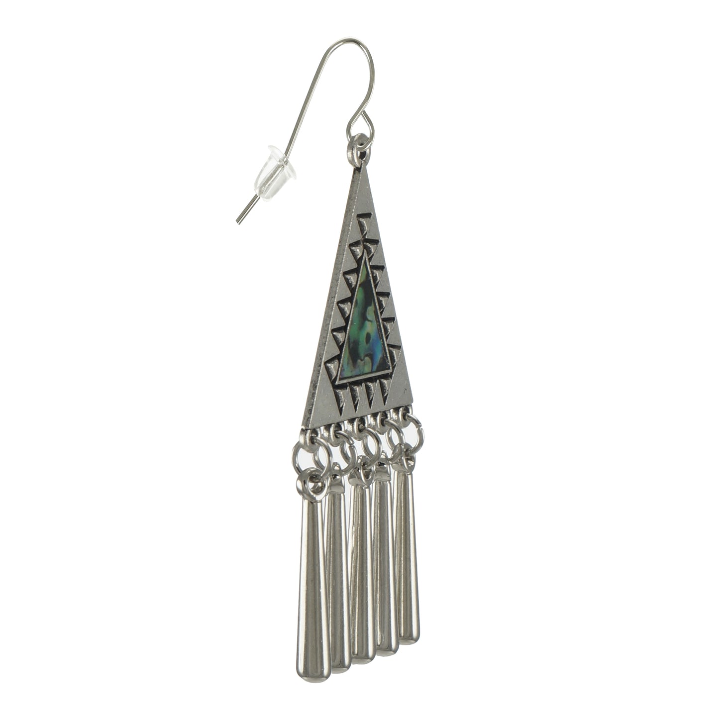 Silver Triangle Western Abalone Look Boho Statement Earrings, Platinum Wires