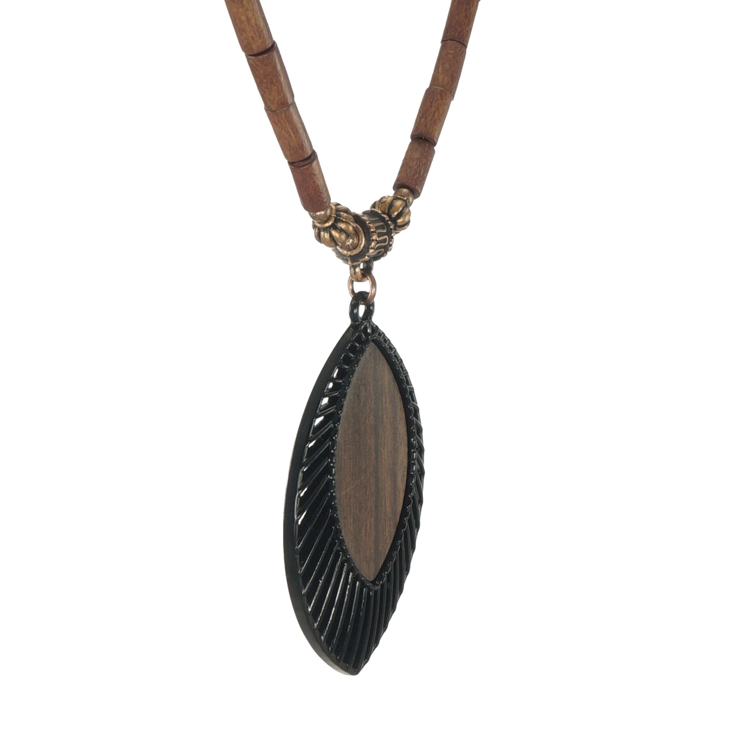 Black and Brown Pendant and Wood Beaded Boho Statement Necklace – Length Choices