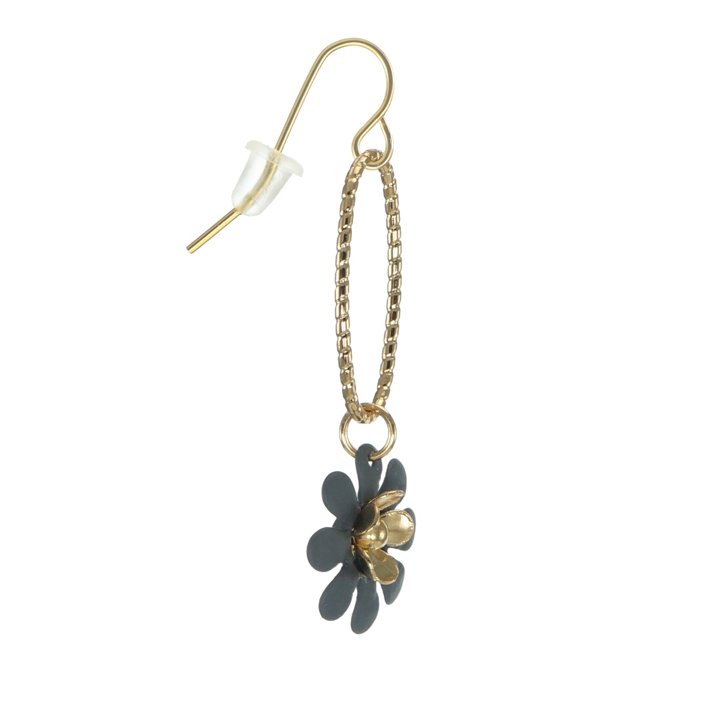 Textured Gold Oval Hoop and Grey Flower Boho Earrings, 18K Gold Ear Wires