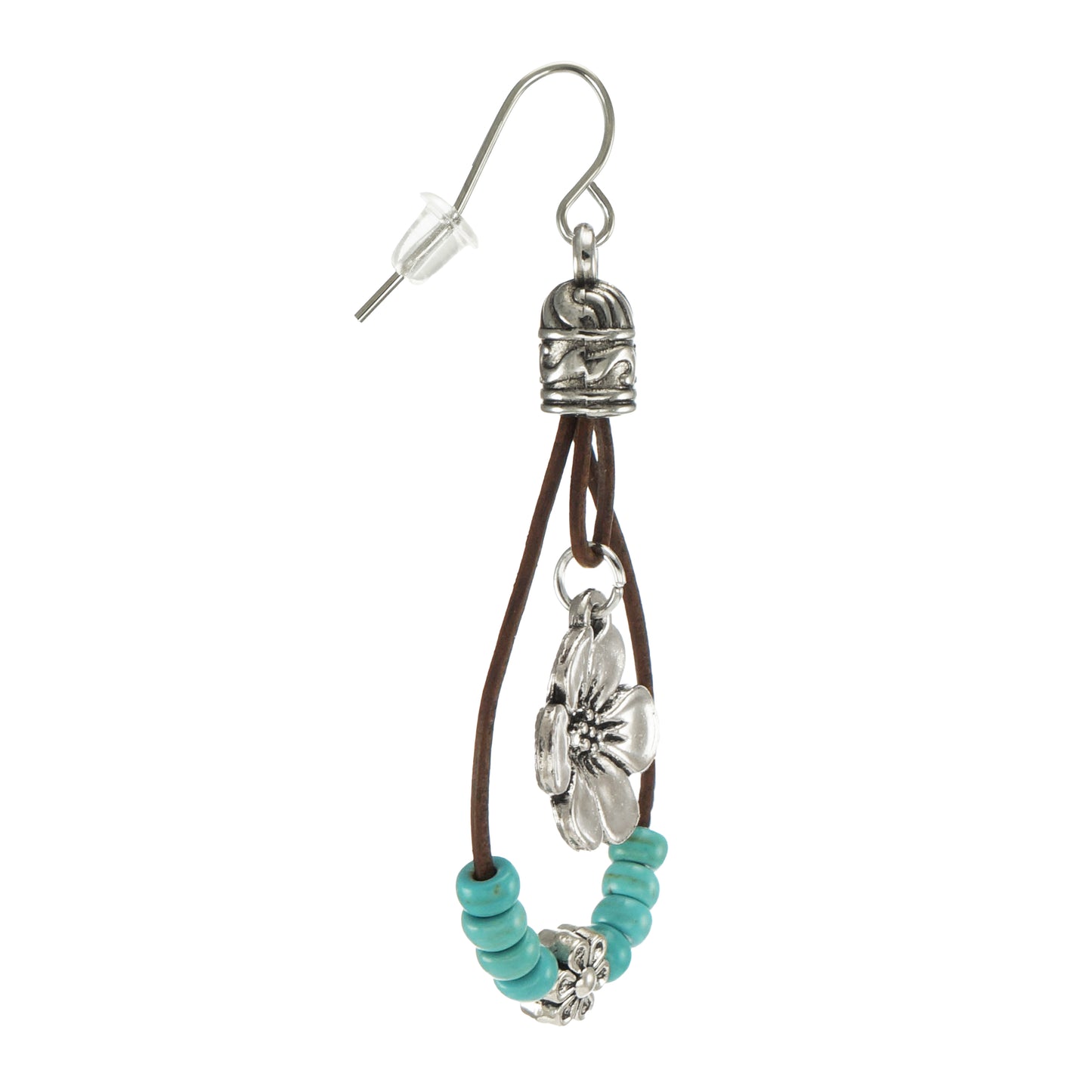 Western Inspired Leather Teardrop with Silver Flowers and Turquoise Color Accents, Hypoallergenic Platinum Ear Wires