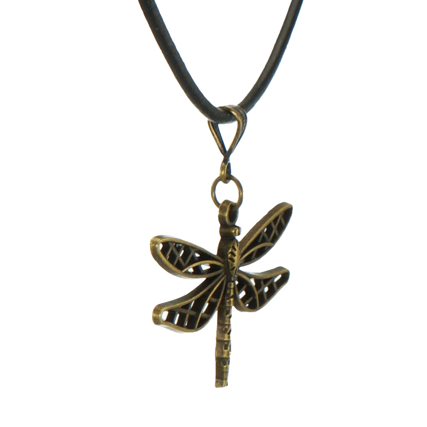 Cute Bronze Dragonfly Pendant, Black Leather Cord Boho Necklace, 16, 18 or 20 Inch.  Gift for Her
