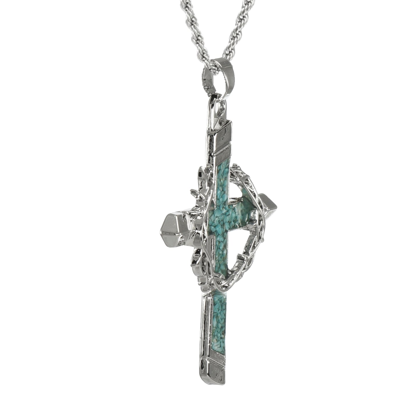 Silver Cross & Crown of Thorns Pendant with Turquoise Inlay, 20 Inch Stainless Steel Rope Chain Necklace, Faith Gift for Him or Her