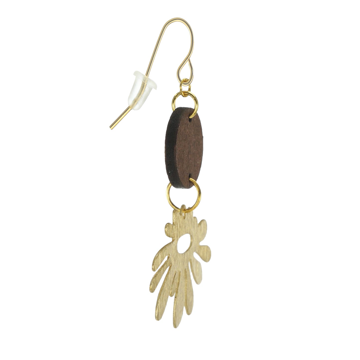 Funky Brushed Gold Abstract and Brown Wood Dangle Earrings, 18K Gold Ear Wires