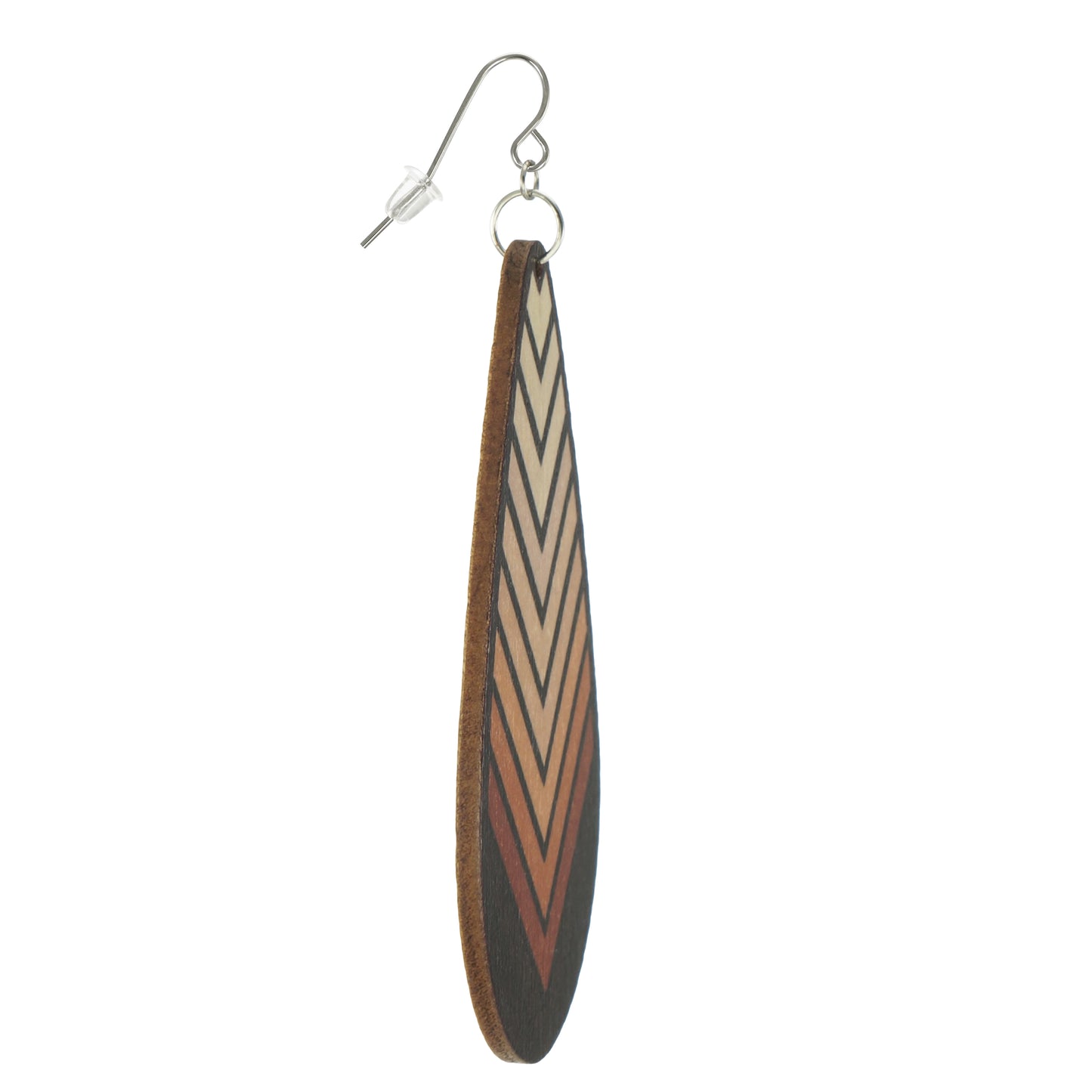 Lightweight Wood Chevron Teardrop Boho Statement Earrings, Platinum Ear Wires