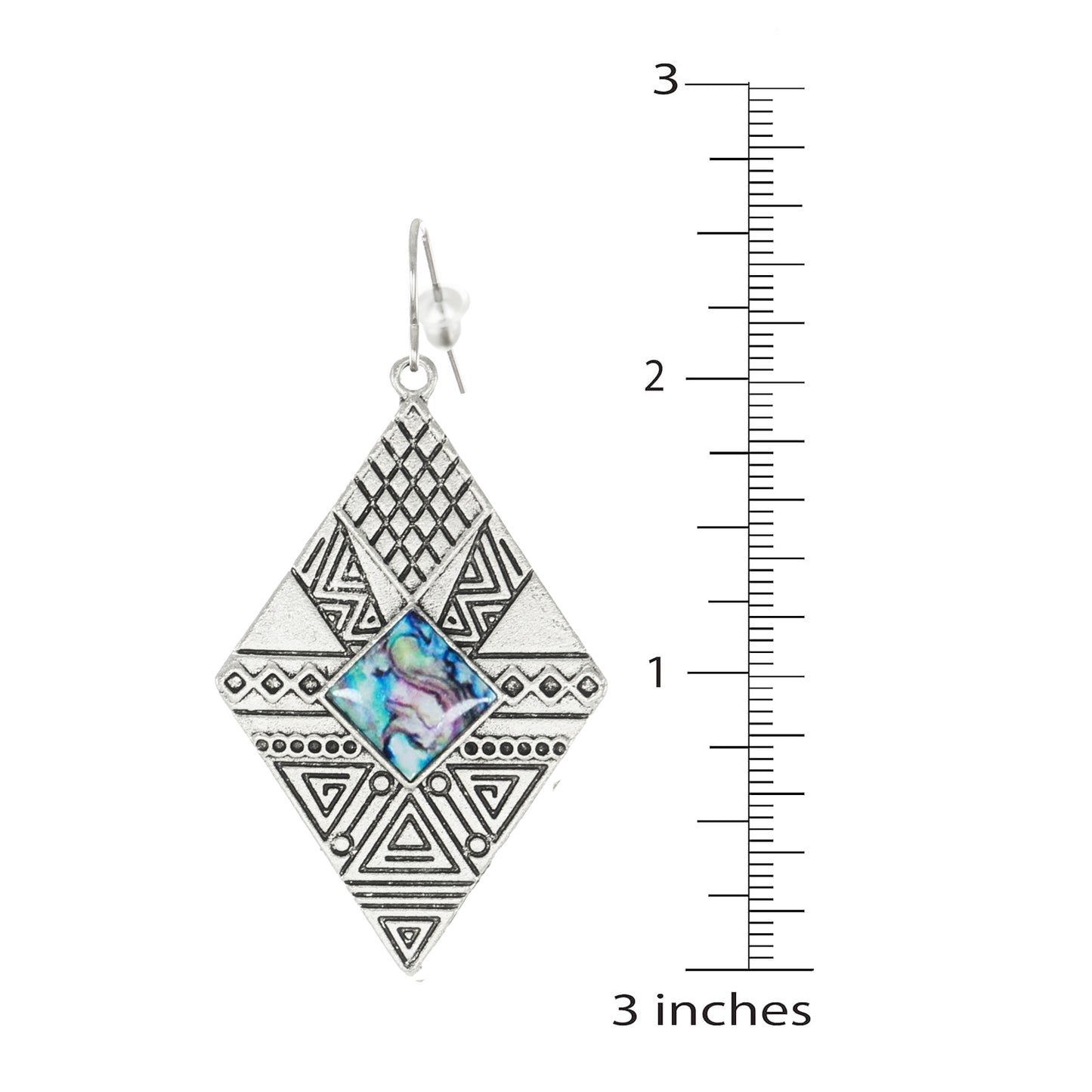 Aztec Inspired Silver Diamond Shape Blue Inlay Statement Earrings, Platinum Ear Wires