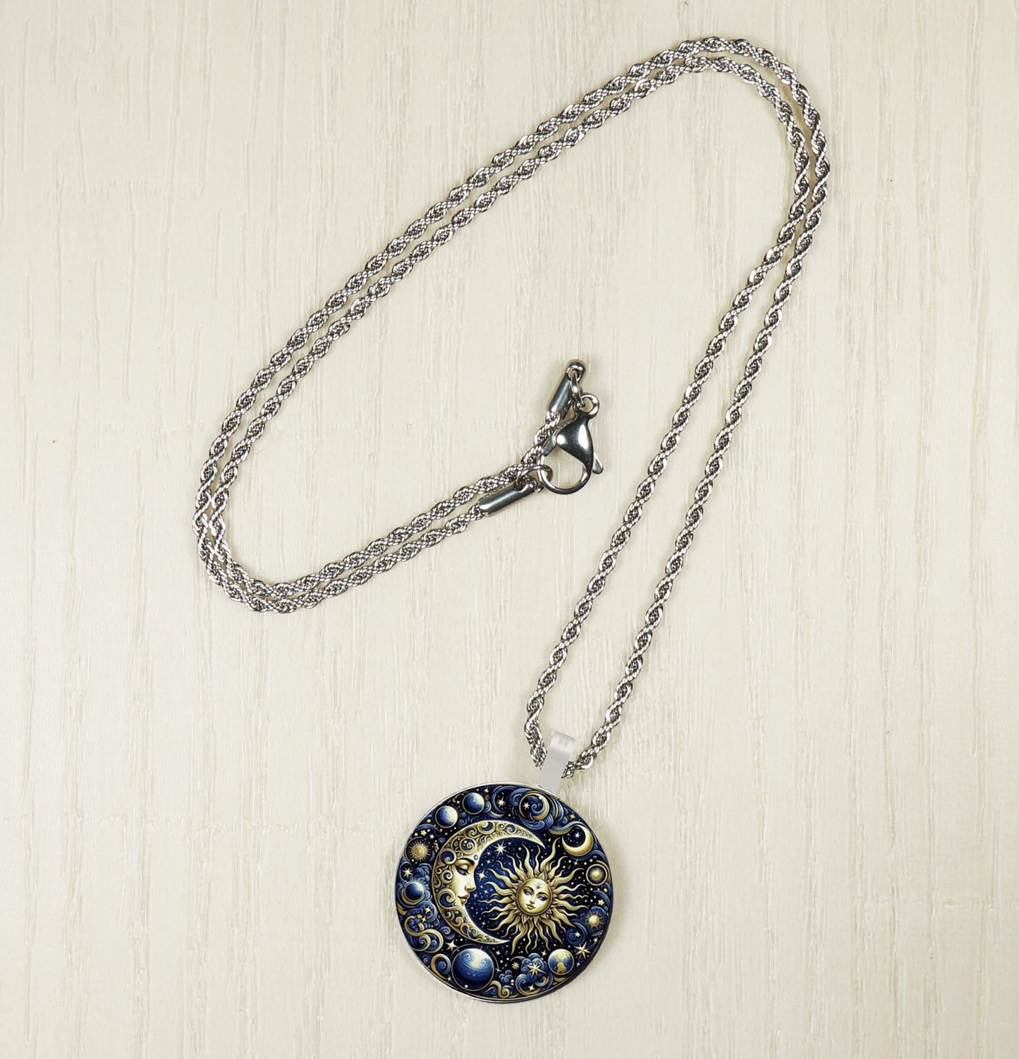 Intricate Highly Detailed Celestial Blue Sun Moon Boho Pendant, Stainless Steel Rope Chain Necklace, 20 Inch, Unisex Gift for Him or Her