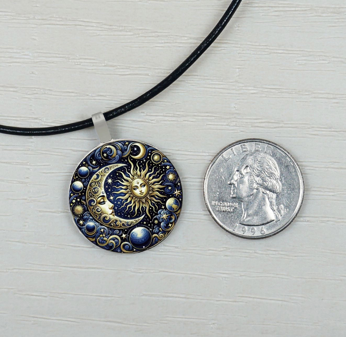 Blue Highly Detailed Sun Goddess & Moon Pendant Leather Cord Statement Necklace, Color and Length Choices
