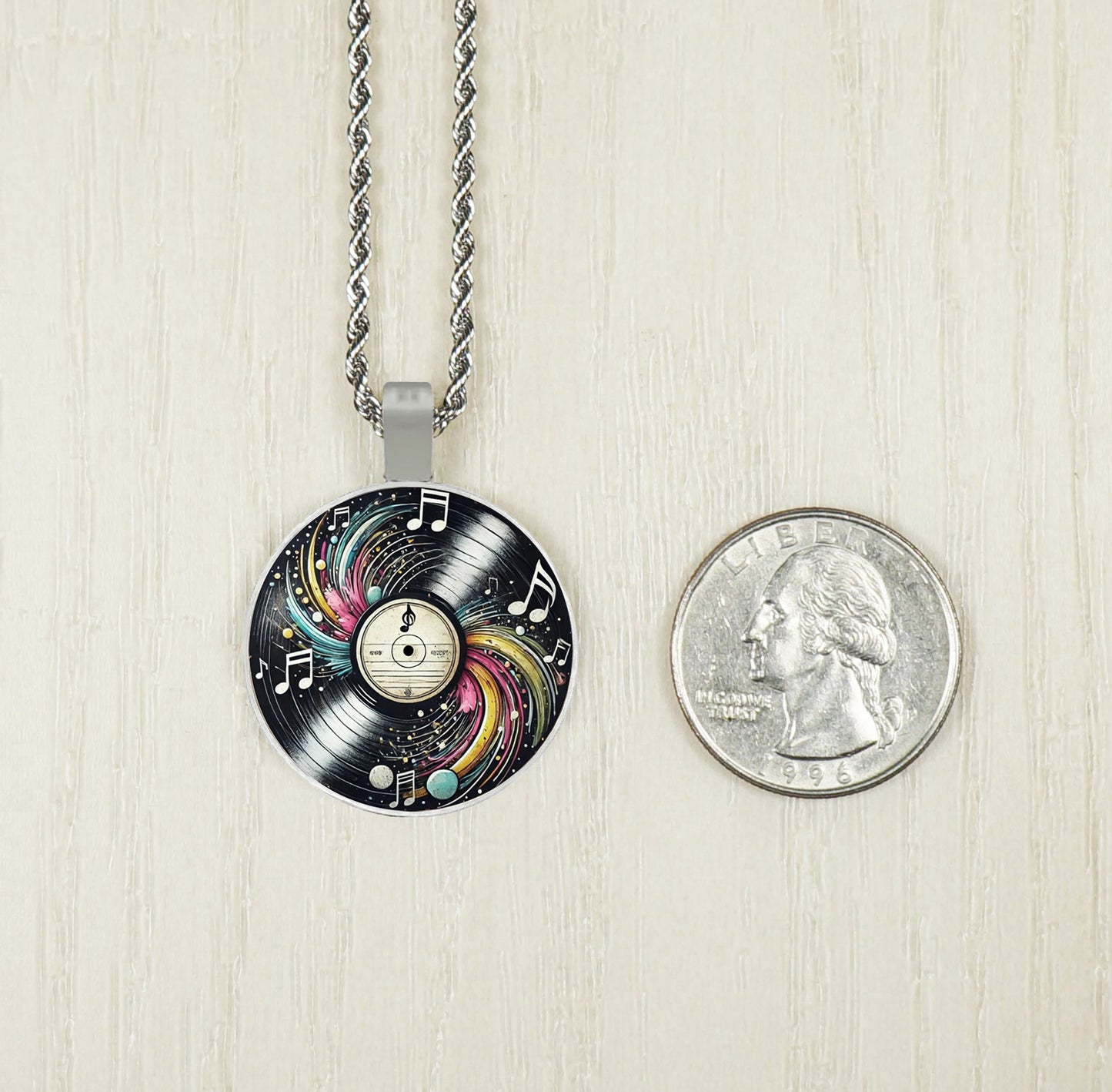 Intricate Highly Detailed Vinyl LP Record Pendant Necklace, Stainless Steel Rope Chain, 20 Inch, Gift for Him or Her