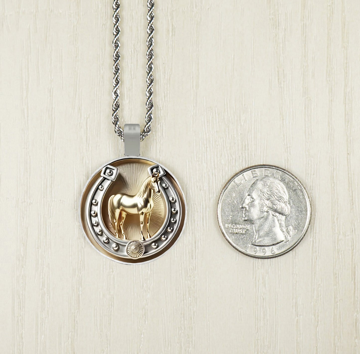 Intricate Highly Detailed Equestrian Horse & Horseshoe Pendant Necklace, Stainless Steel Rope Chain, 20 Inch, Gift for Him or Her