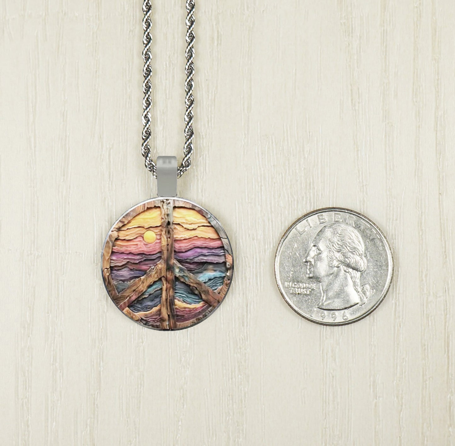 Intricate Highly Detailed Wood Look Peace Sign Pendant on Stainless Steel Rope Chain, 20 Inch