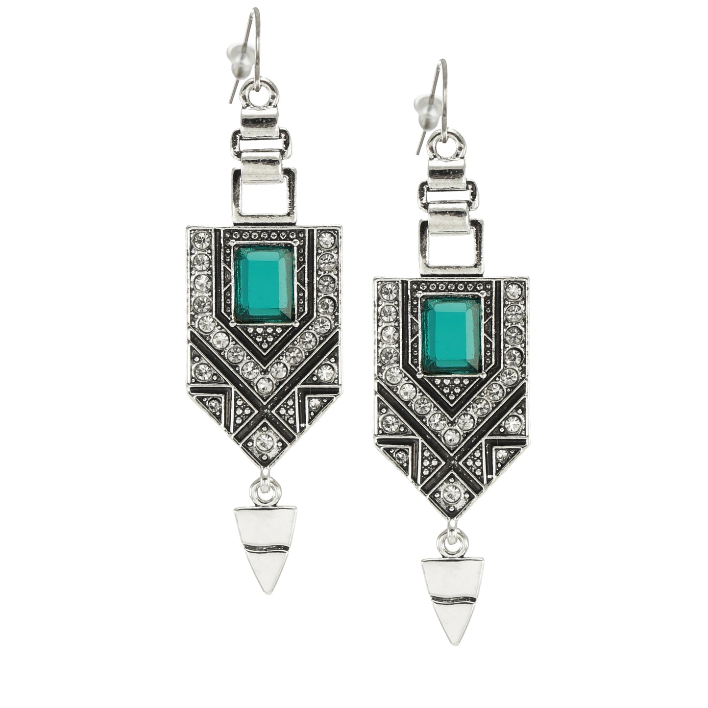 Silver & Green Egyptian Inspired Boho Statement Earrings, Platinum Ear Wires