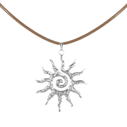 Celestial Hammered Silver Boho Sun Pendant Tan Leather Cord Necklace, Length Choices