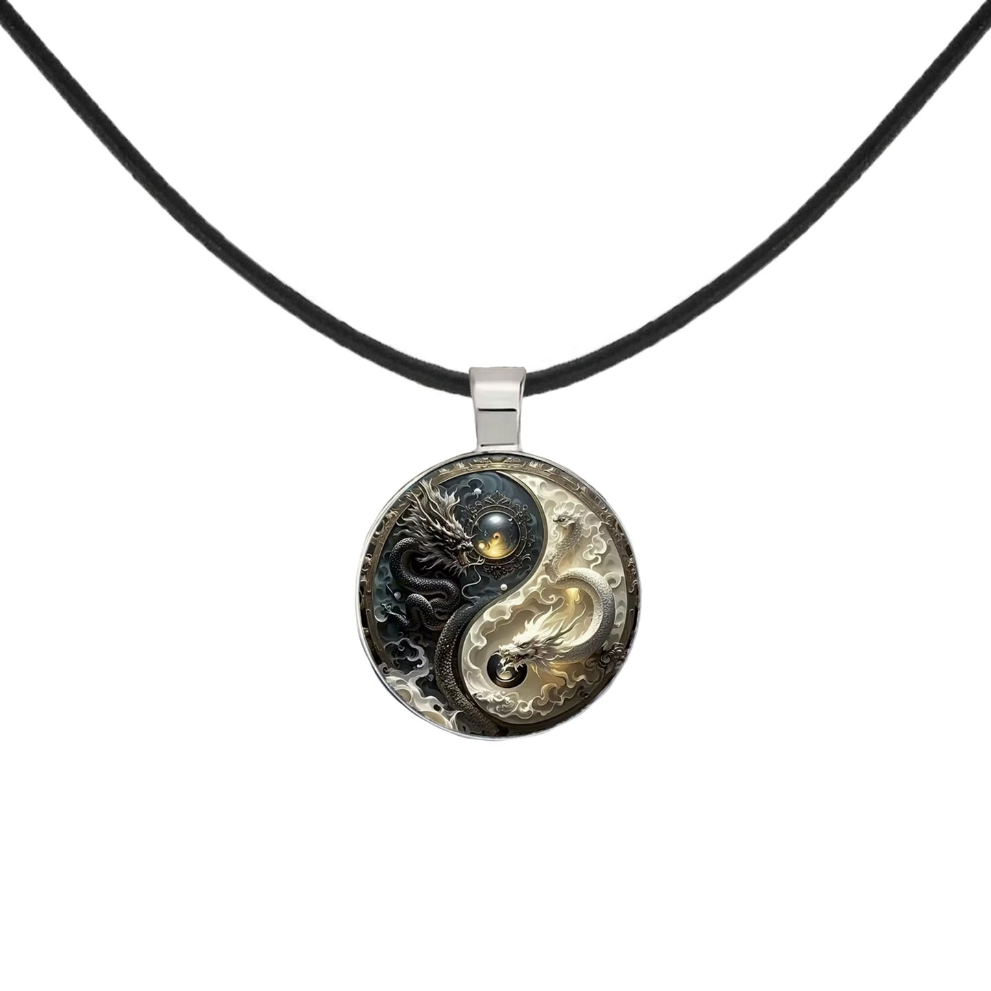Intricate Yin Yang Highly Detailed 2-D Dragon Pendant Black Leather Cord Necklace, Length Choices, Gift for Her or Gift for Him