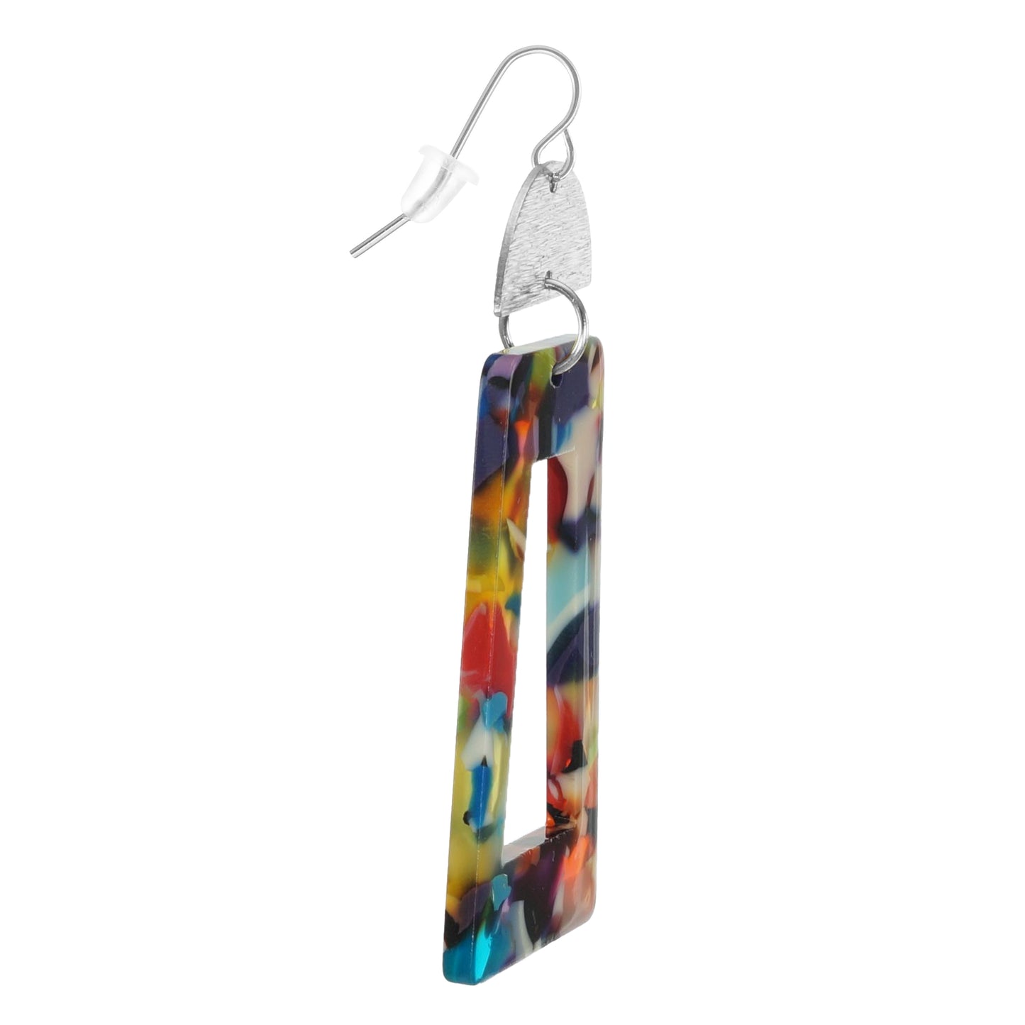 Vibrant Confetti Rectangle & Brushed Half Moon Boho Statement Earrings, Platinum Wires, Color Choice