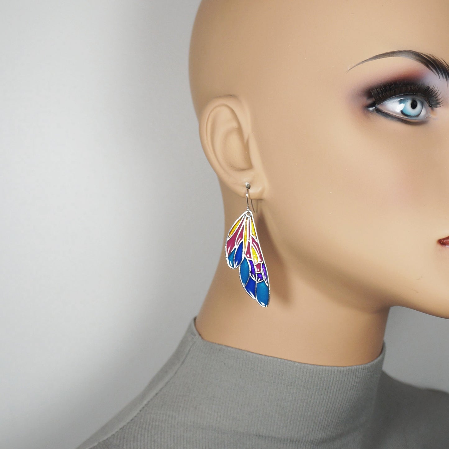 Graceful Multi Color Enamel Butterfly Wing Statement Earrings, Gold or Silver