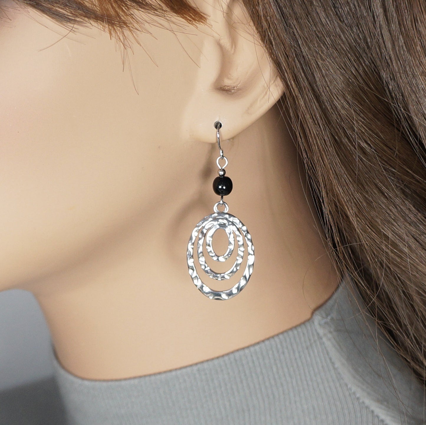 Silver Oval Hammered Drops with Black Beads, Lightweight Boho Statement Earrings, Hypoallergenic Ear Wires, Gift for Her