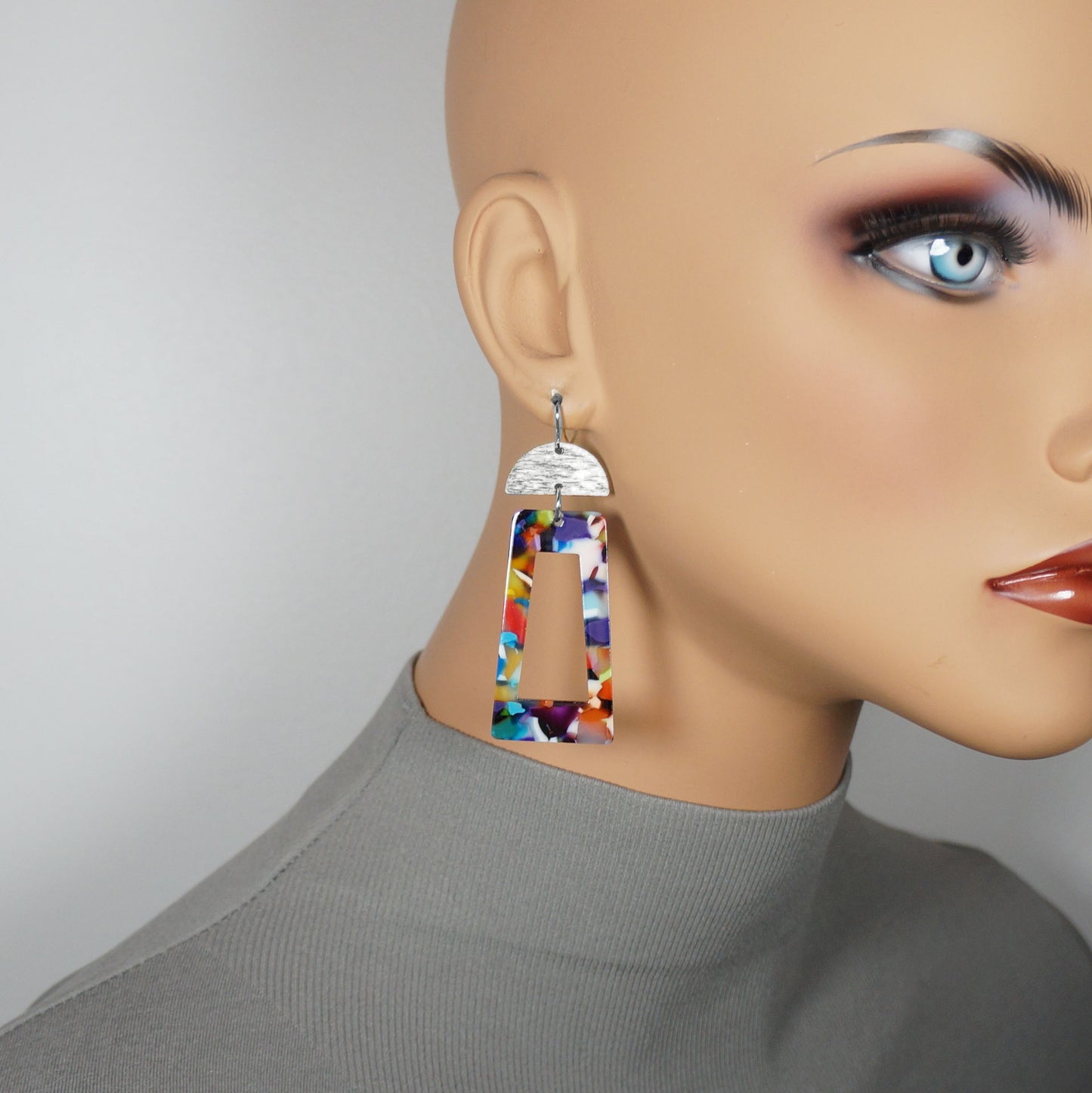 Vibrant Confetti Rectangle & Brushed Half Moon Boho Statement Earrings, Platinum Wires, Color Choice
