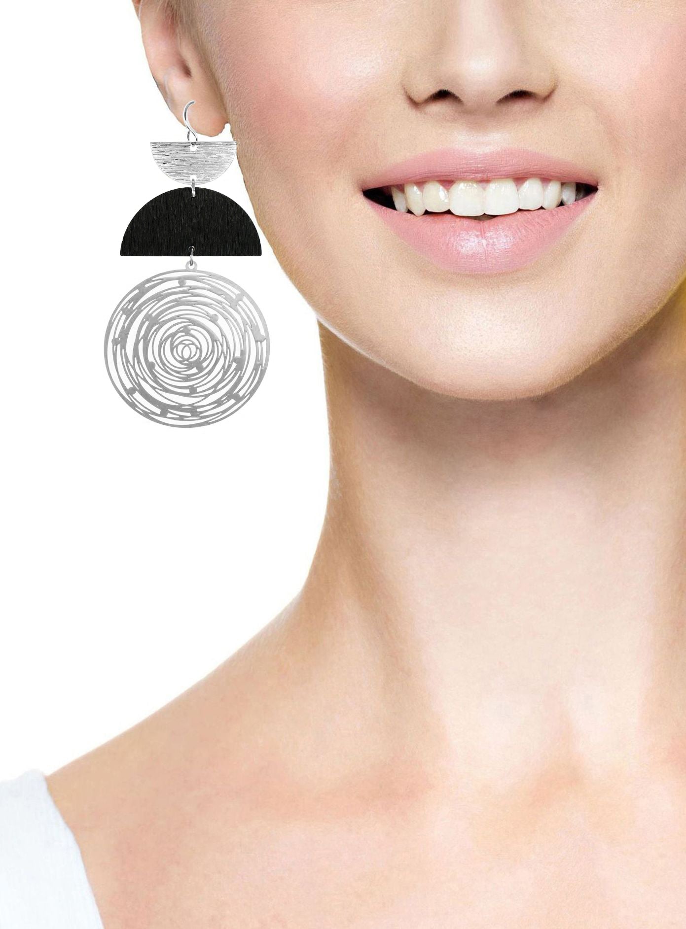 Large Black and Silver Boho Abstract Circle Hoop Statement Earrings, Nickel Free Platinum Ear Wires, Lightweight Gift for Her