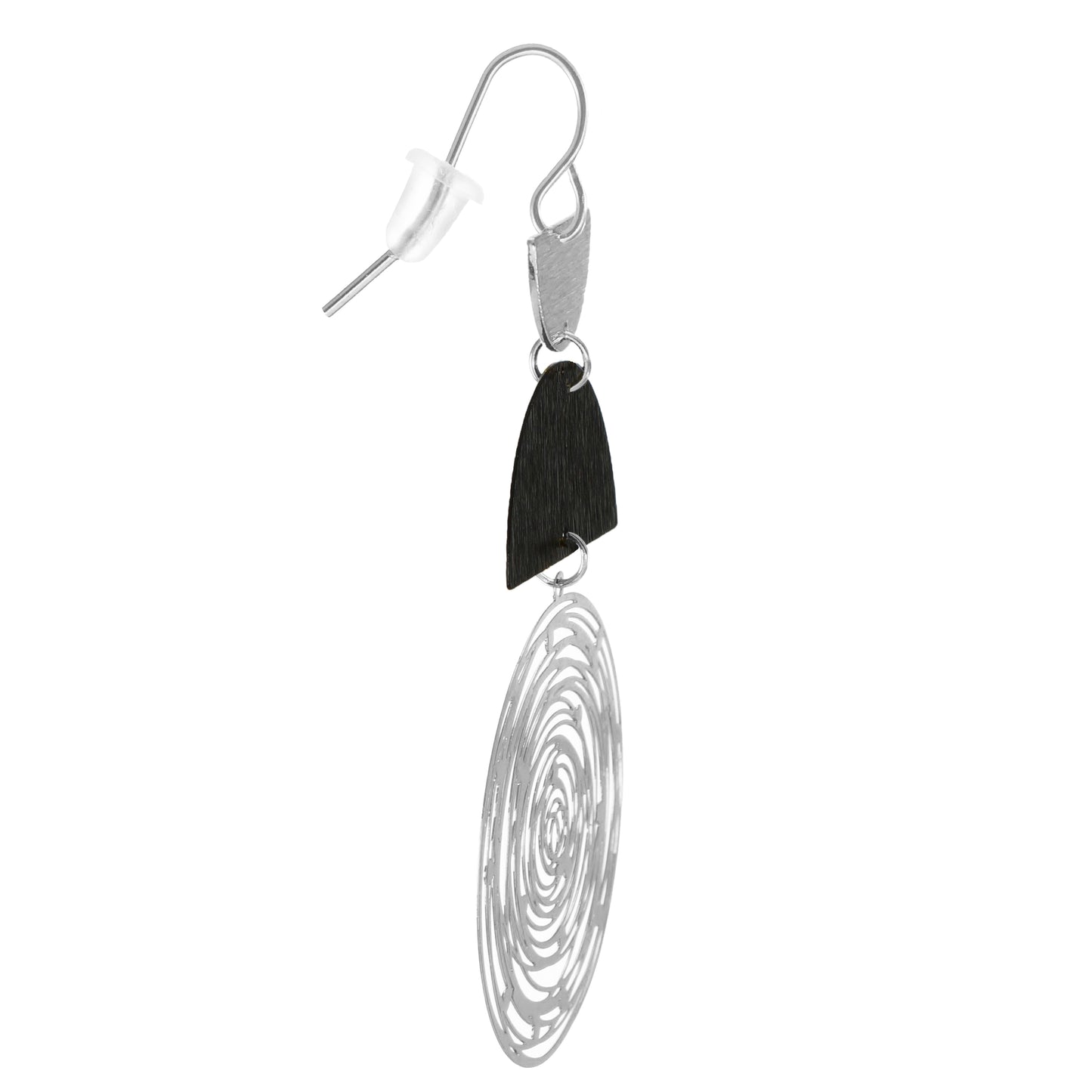Large Black and Silver Boho Abstract Circle Hoop Statement Earrings, Nickel Free Platinum Ear Wires, Lightweight Gift for Her