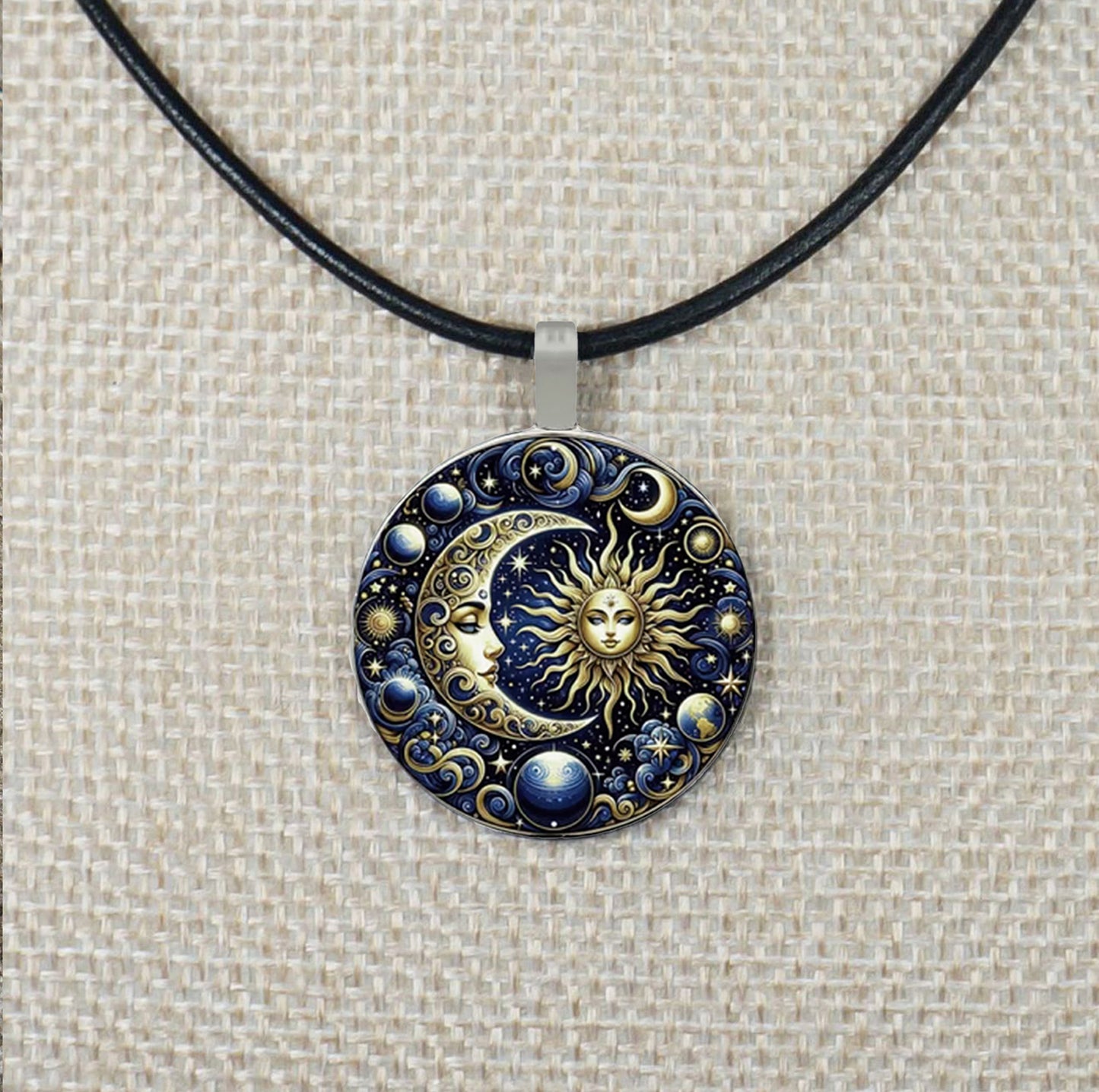 Blue Highly Detailed Sun Goddess & Moon Pendant Leather Cord Statement Necklace, Color and Length Choices
