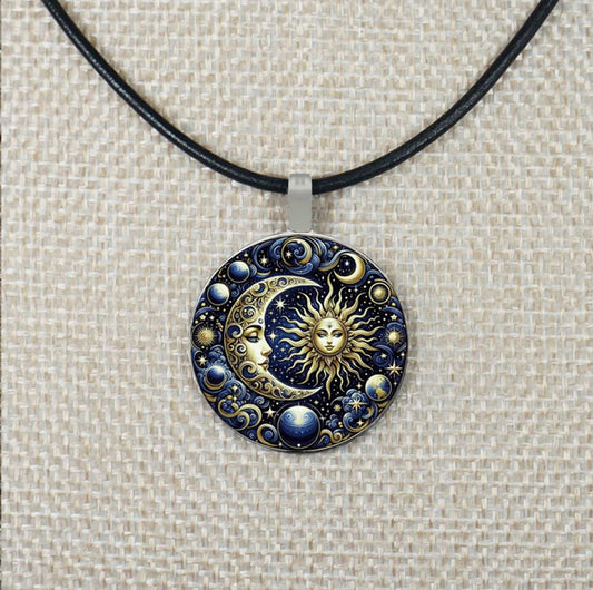 Blue Highly Detailed 2-D Sun Goddess & Moon Pendant Leather Cord Statement Necklace, Color and Length Choices