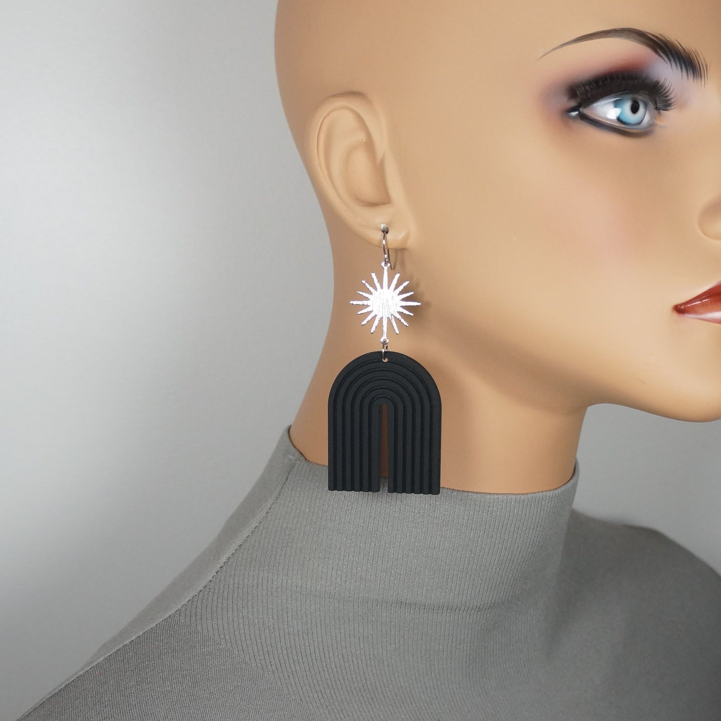 Black Acrylic & Celestial Star Boho Statement Earrings, Gold or Silver