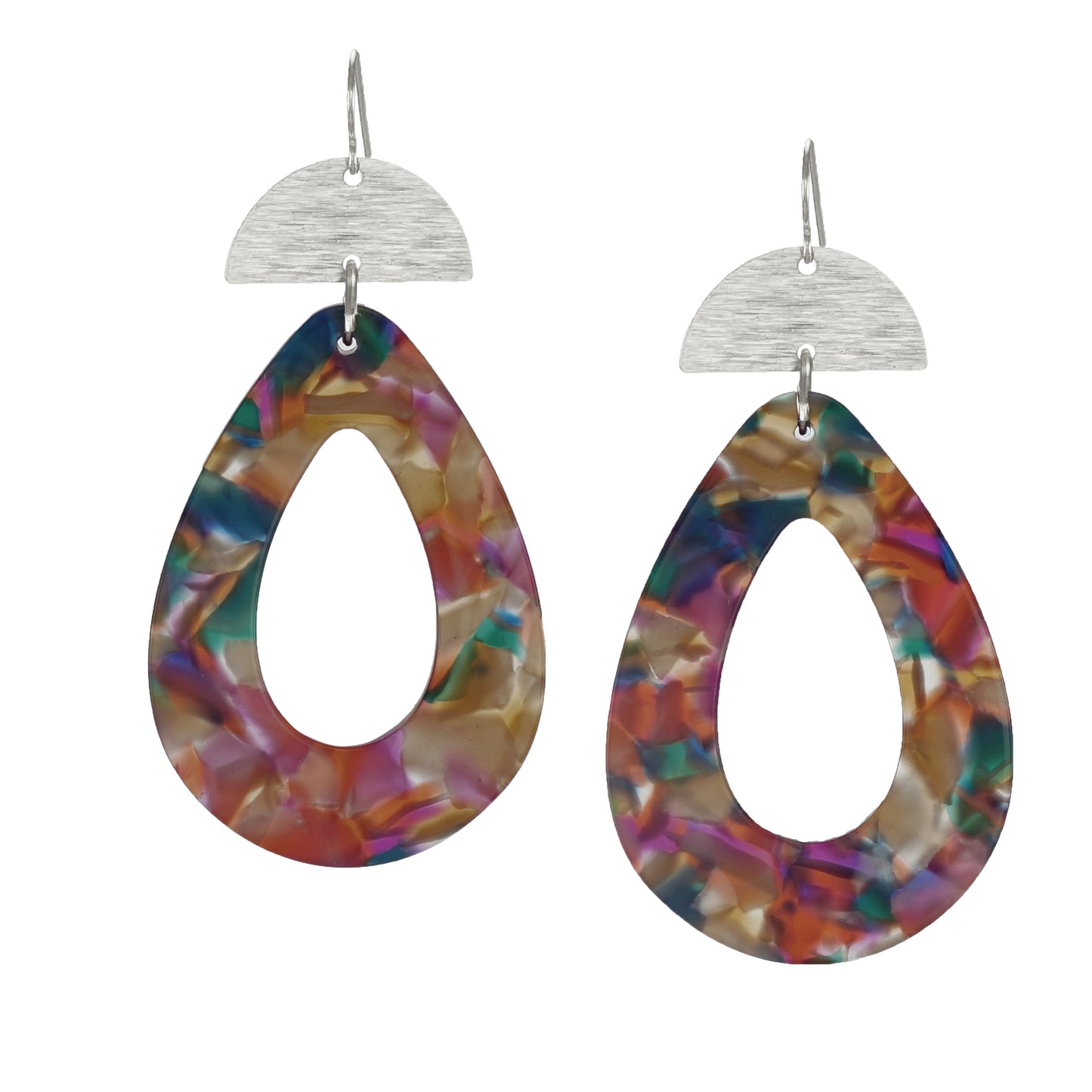 Vibrant Confetti Teardrop & Brushed Half Moon Boho Statement Earrings, Gold or Silver