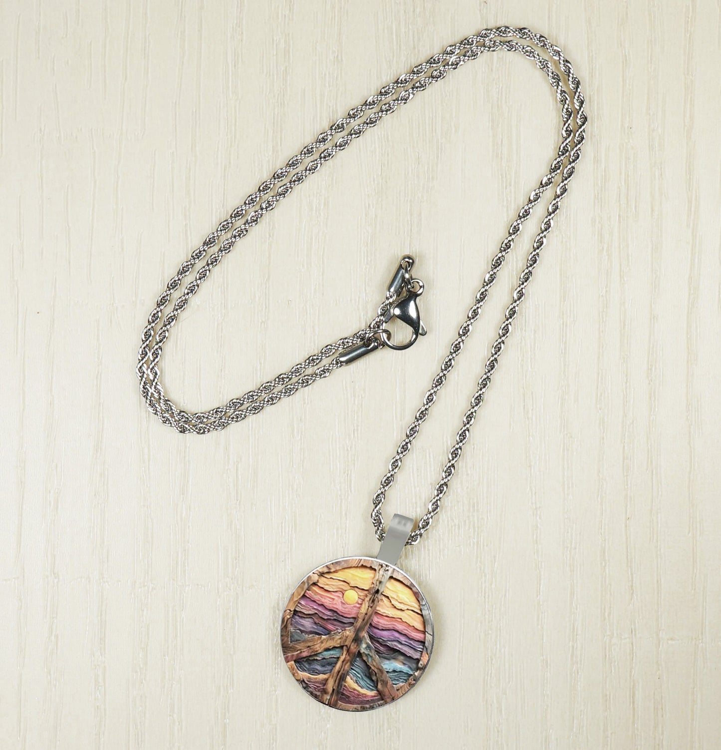 Intricate Highly Detailed Wood Look Peace Sign Pendant on Stainless Steel Rope Chain, 20 Inch